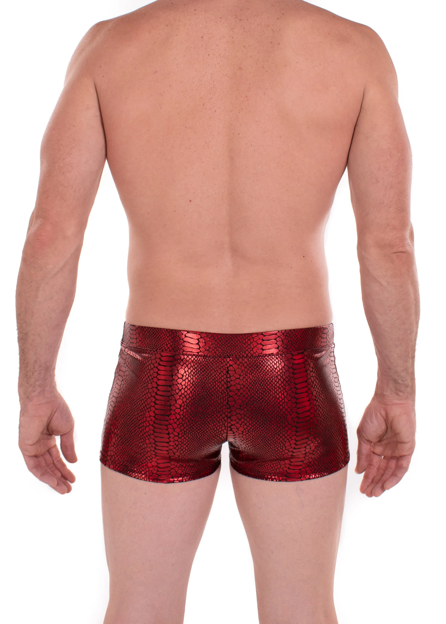 Snake RED Men's Pouch Booty Shorts // Snake Skin // Serpent Square Front Swim Trunks