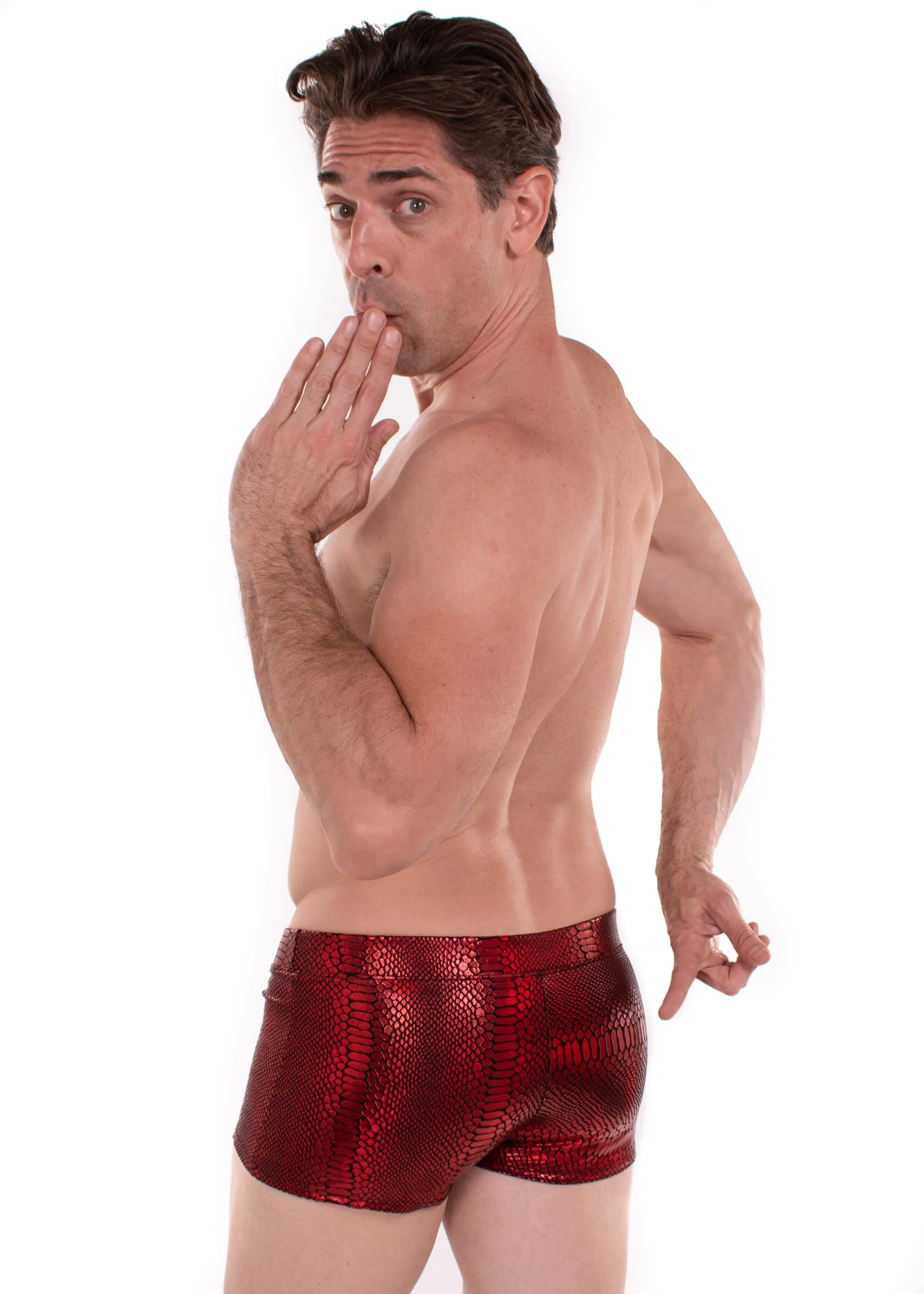 Snake RED Men's Pouch Booty Shorts // Snake Skin // Serpent Square Front Swim Trunks