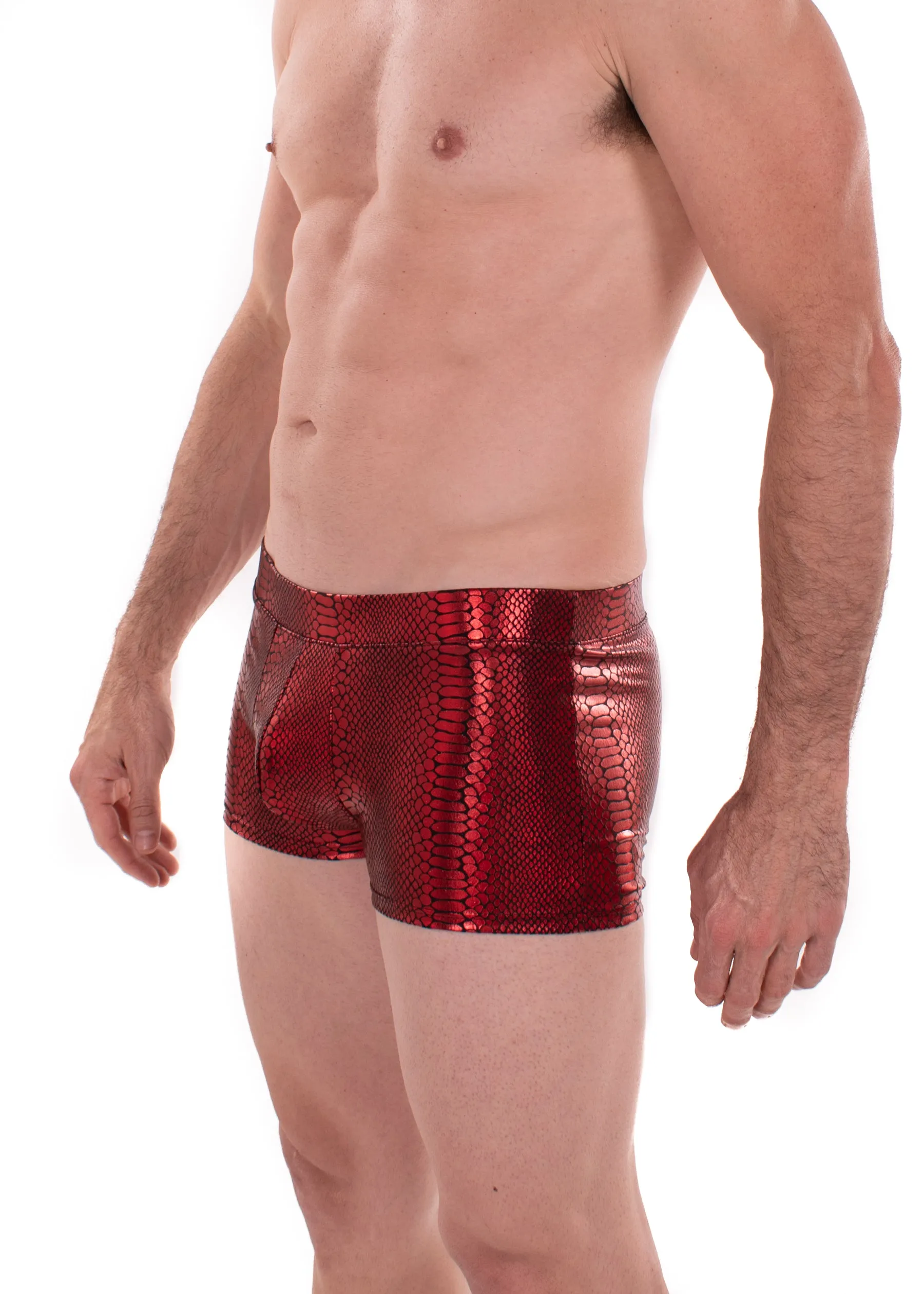 Snake RED Men's Pouch Booty Shorts // Snake Skin // Serpent Square Front Swim Trunks