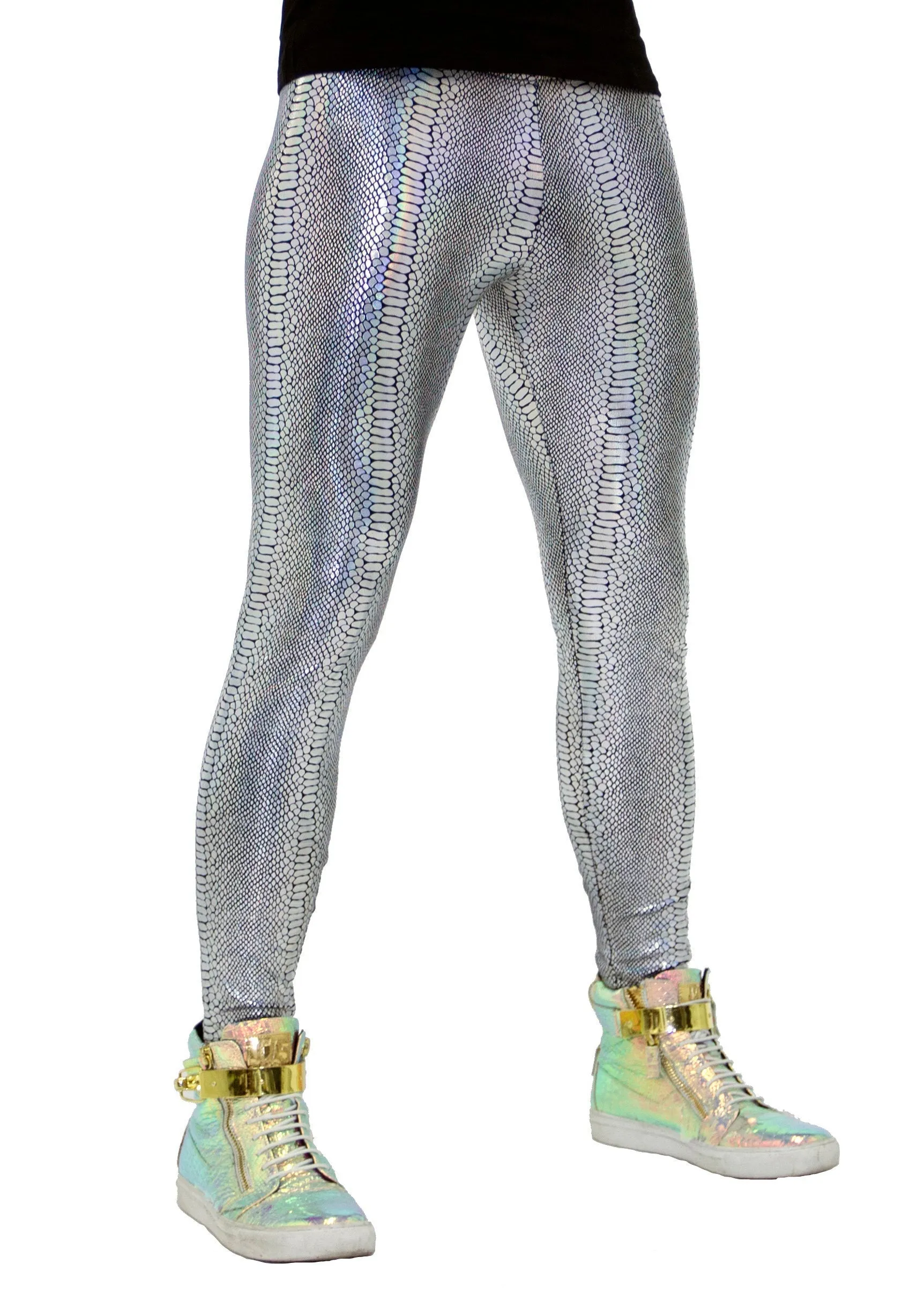 Snake Silver: Holographic Iridescent Silver Snake Skin Meggings - Men's Leggings & Rave Gear