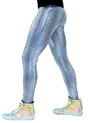 Snake Silver: Holographic Iridescent Silver Snake Skin Meggings - Men's Leggings & Rave Gear