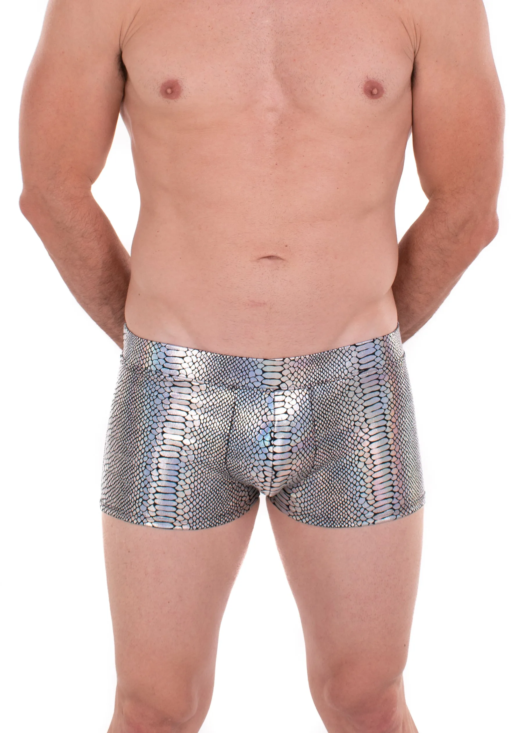 Snake SILVER Men's Pouch Booty Shorts // Snake Skin // Serpent Square Front Swim Trunks