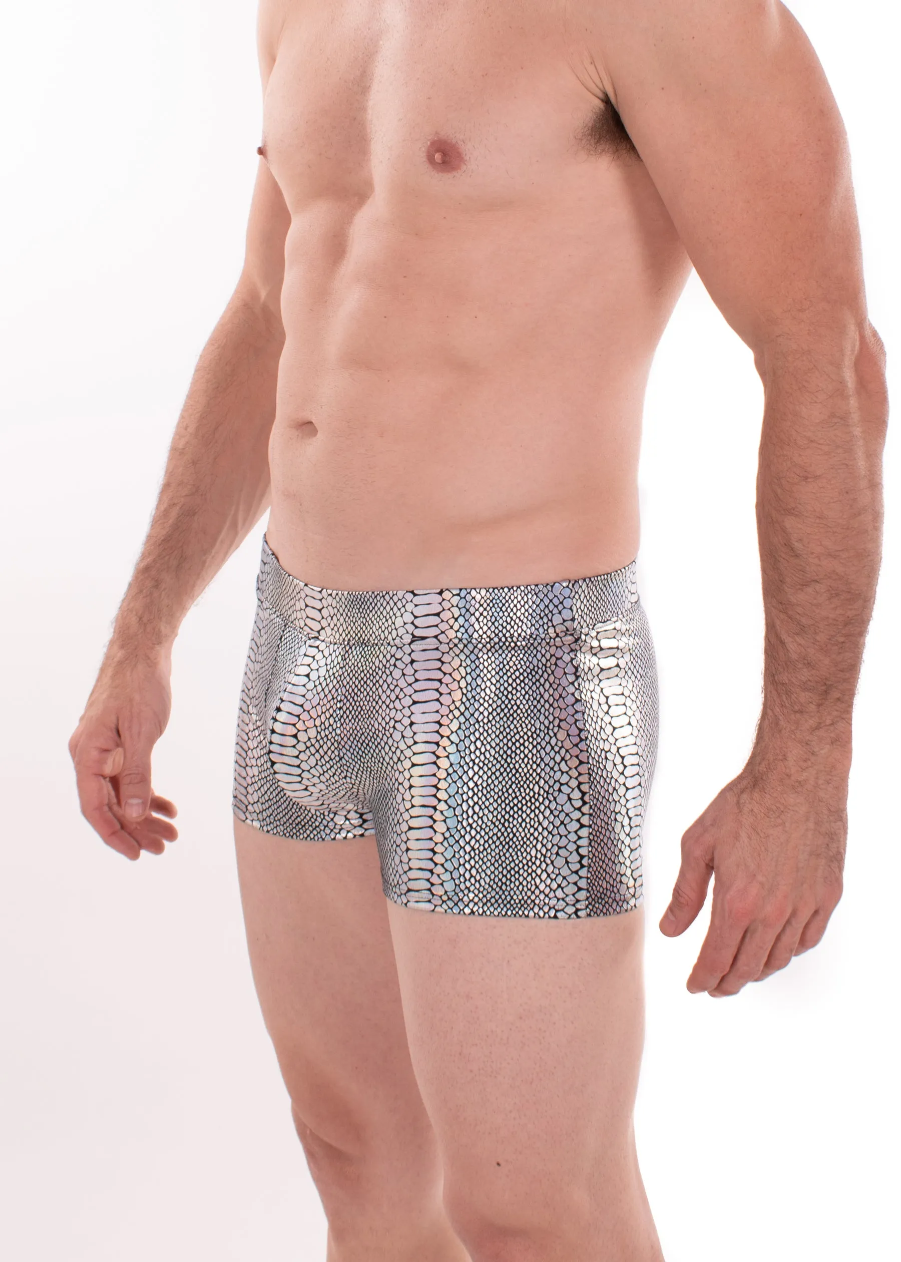 Snake SILVER Men's Pouch Booty Shorts // Snake Skin // Serpent Square Front Swim Trunks