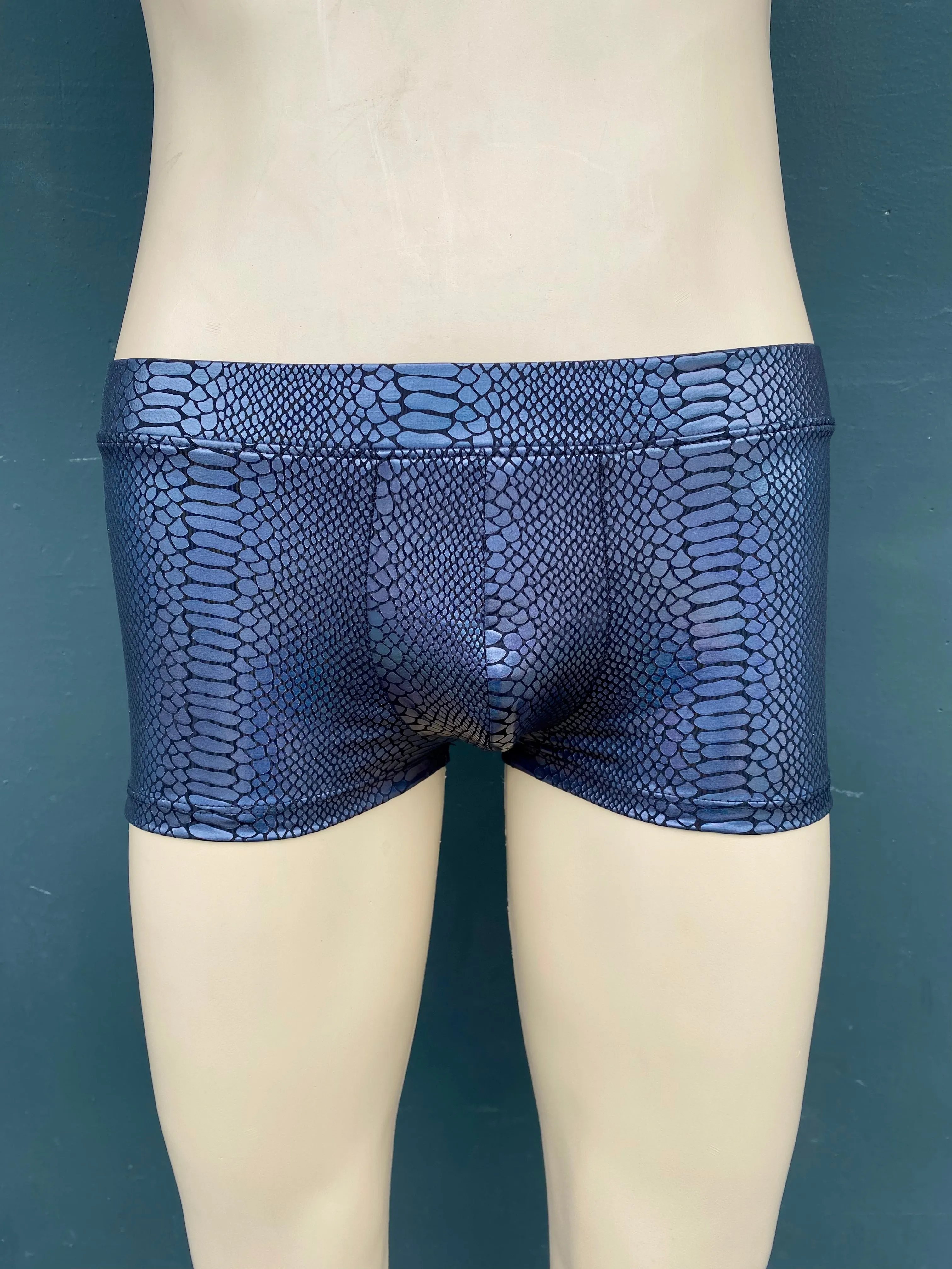 Snake Skin BLACK Men's Pouch Booty Shorts // Serpent Square Front Swim Trunks