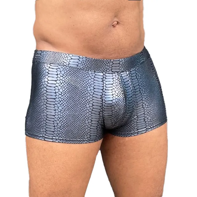 Snake Skin BLACK Men's Pouch Booty Shorts // Serpent Square Front Swim Trunks