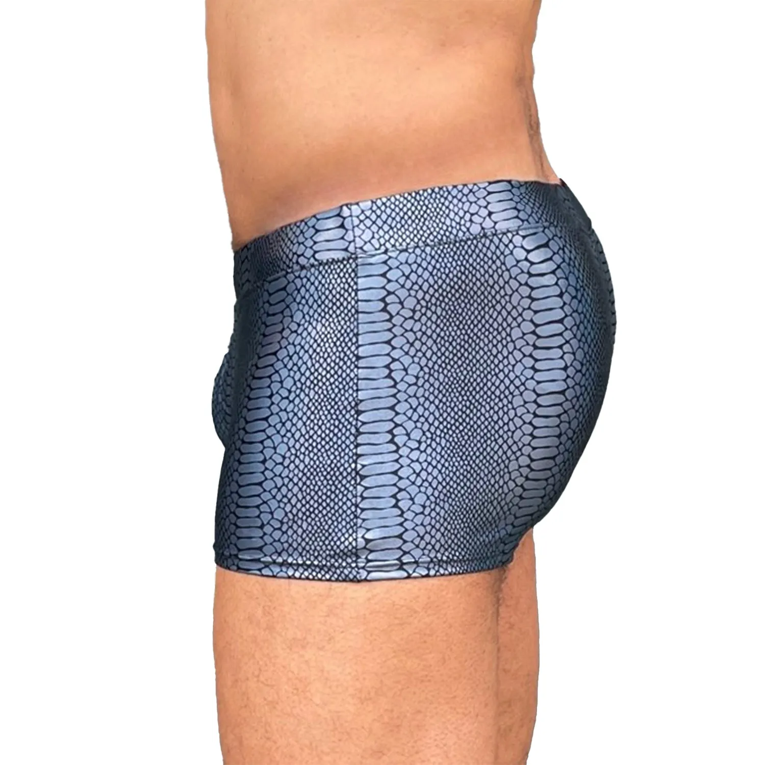 Snake Skin BLACK Men's Pouch Booty Shorts // Serpent Square Front Swim Trunks