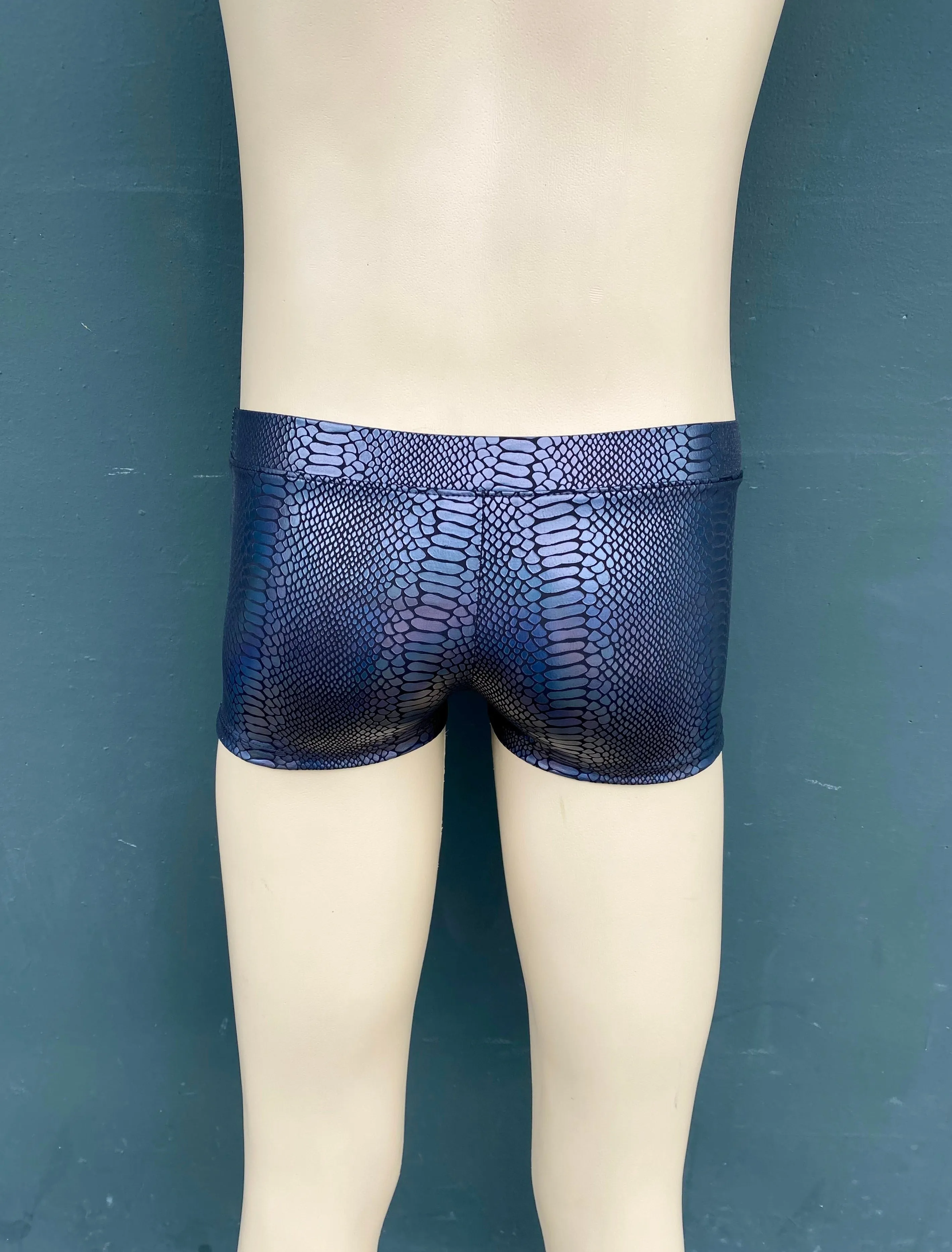 Snake Skin BLACK Men's Pouch Booty Shorts // Serpent Square Front Swim Trunks