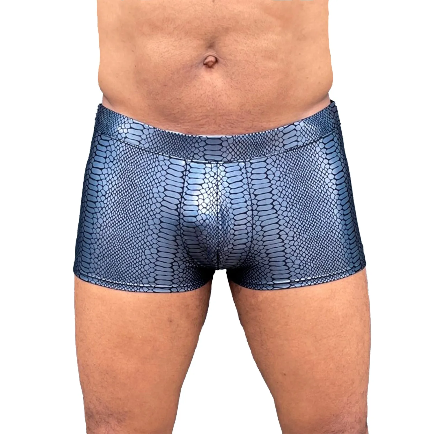 Snake Skin BLACK Men's Pouch Booty Shorts // Serpent Square Front Swim Trunks