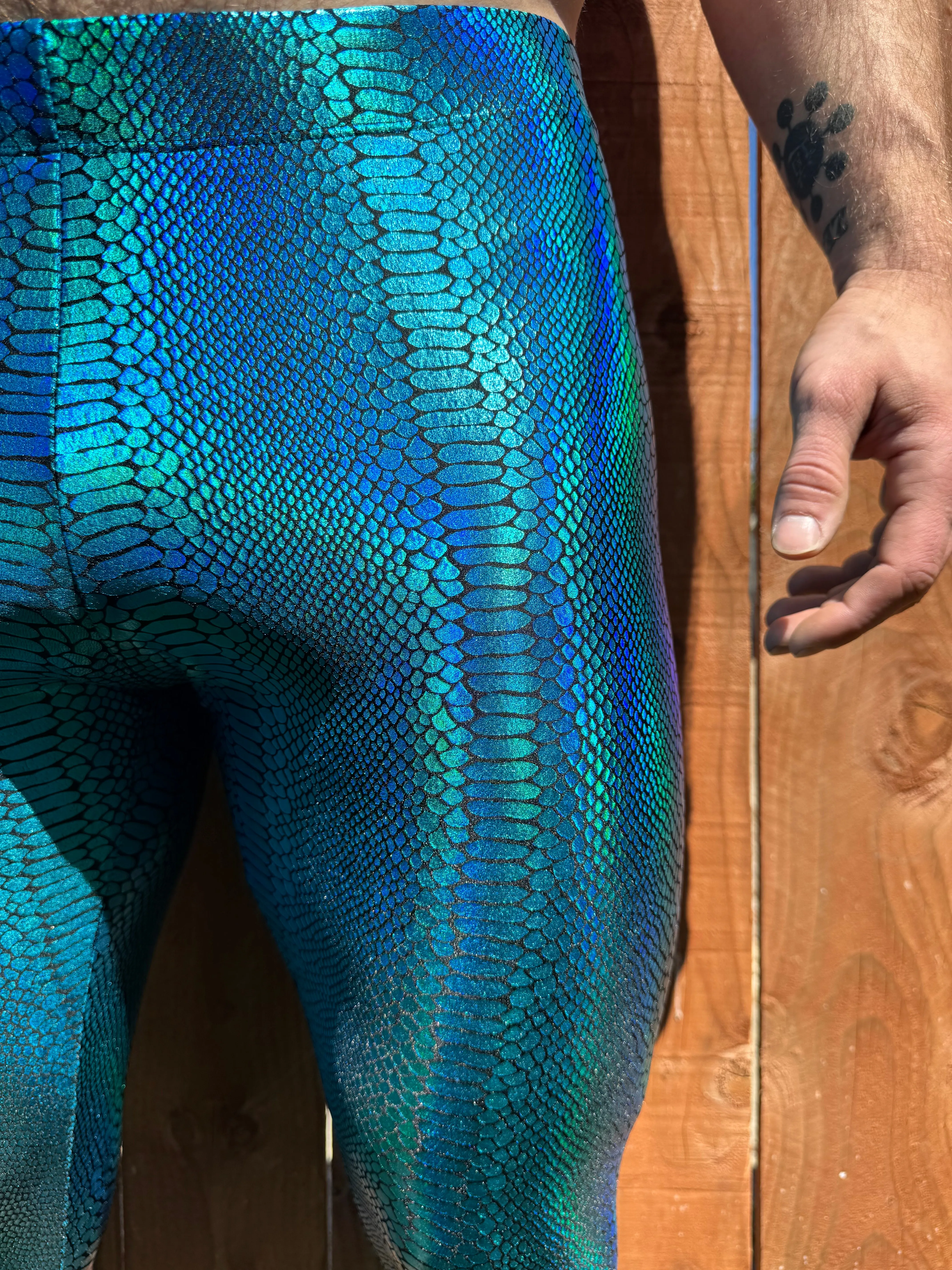 Snake Turquoise: Iridescent Turquoise Snake Skin Meggings - Men's Leggings & Rave Gear