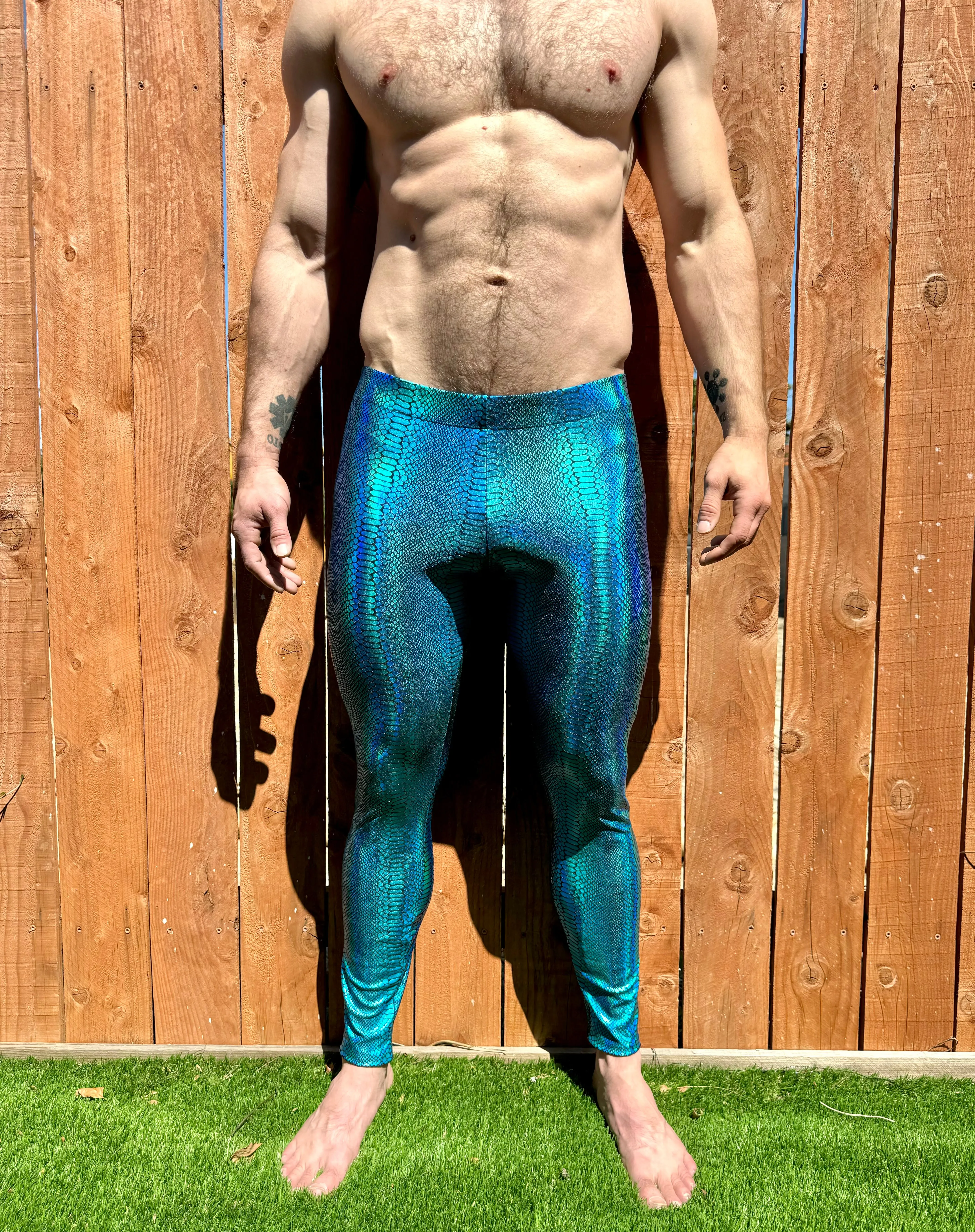 Snake Turquoise: Iridescent Turquoise Snake Skin Meggings - Men's Leggings & Rave Gear