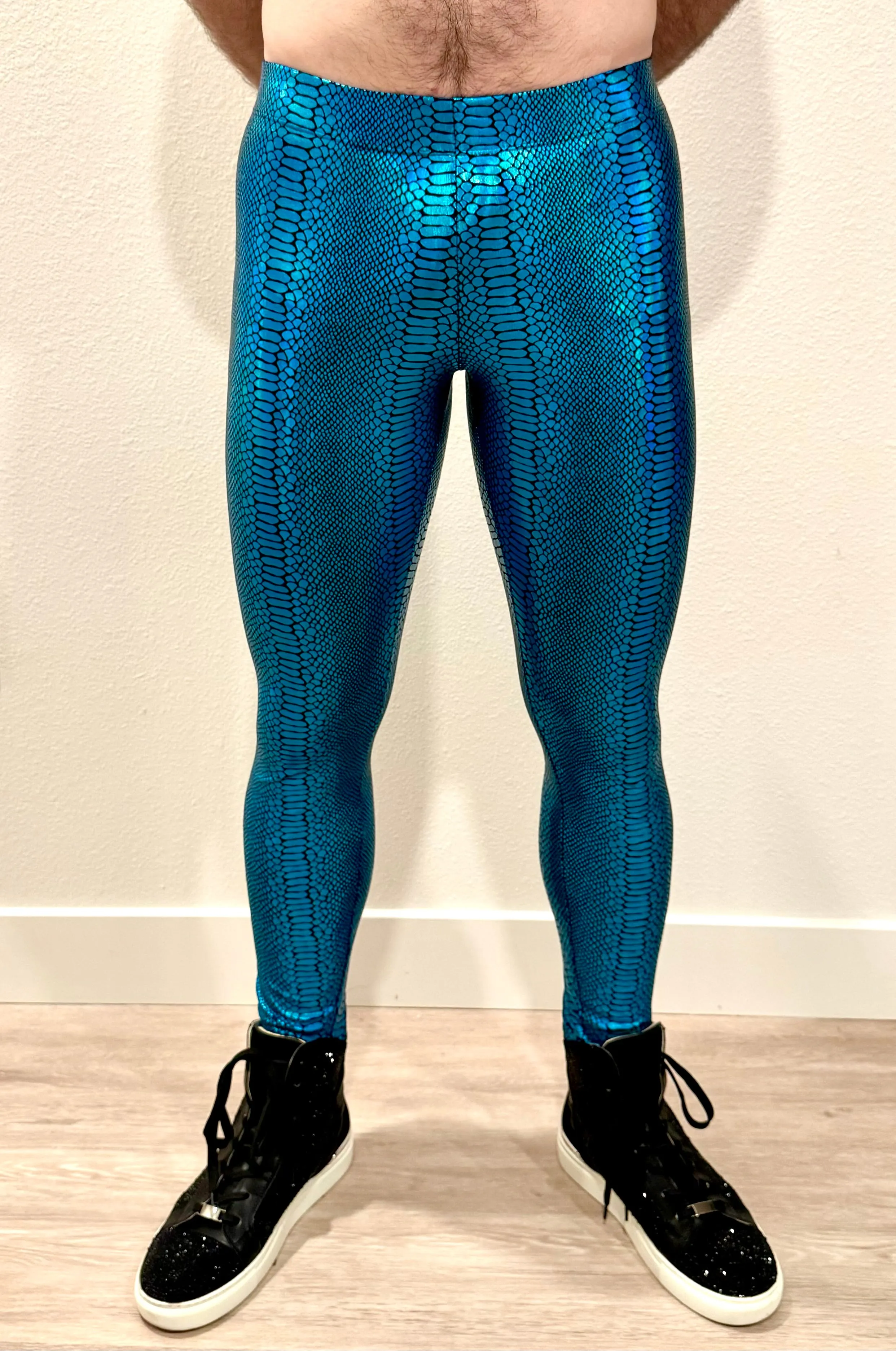 Snake Turquoise: Iridescent Turquoise Snake Skin Meggings - Men's Leggings & Rave Gear