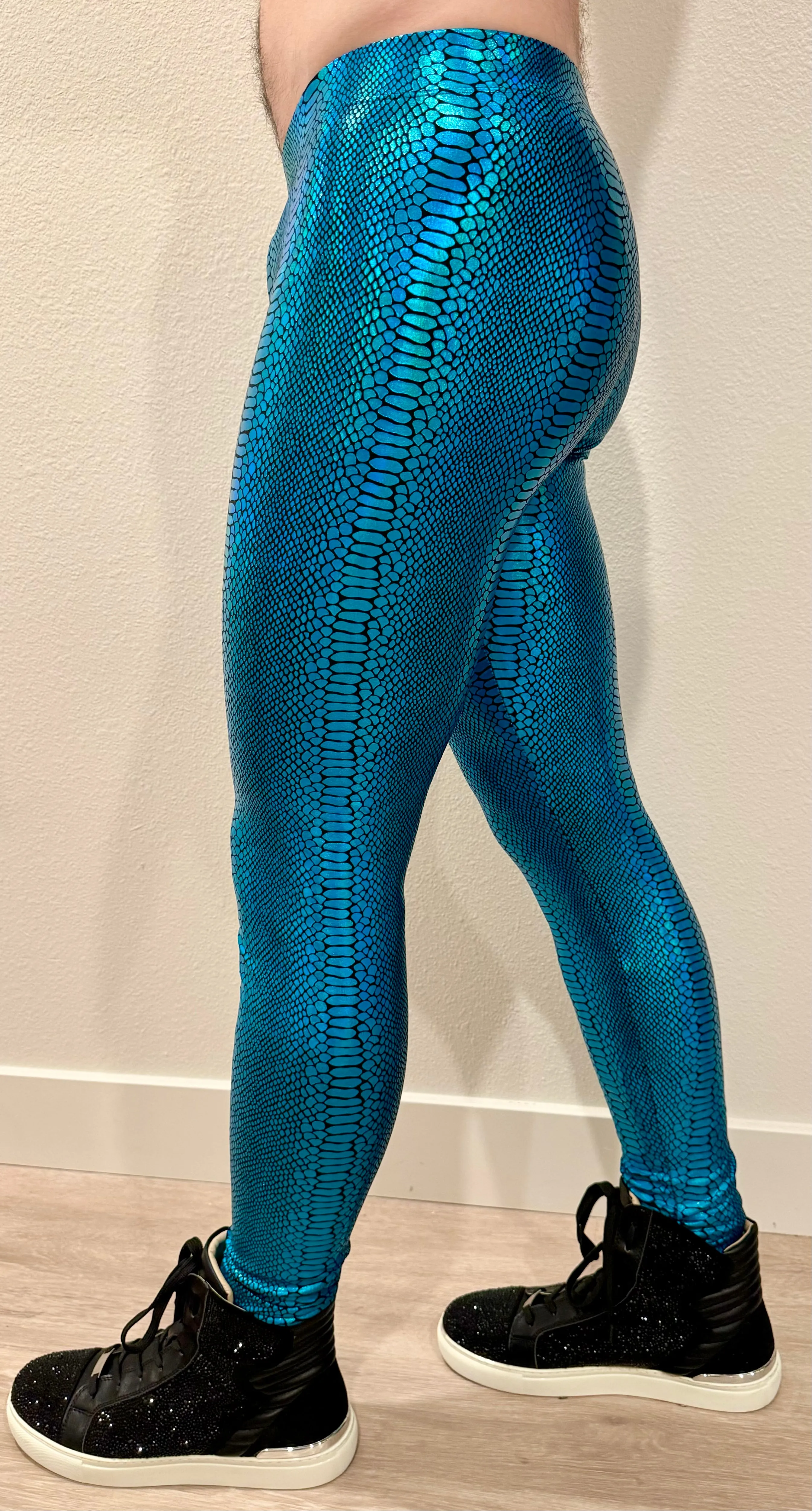 Snake Turquoise: Iridescent Turquoise Snake Skin Meggings - Men's Leggings & Rave Gear