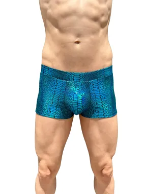 Snake TURQUOISE Men's Pouch Booty Shorts // Snake Skin // Serpent Square Front Swim Trunks