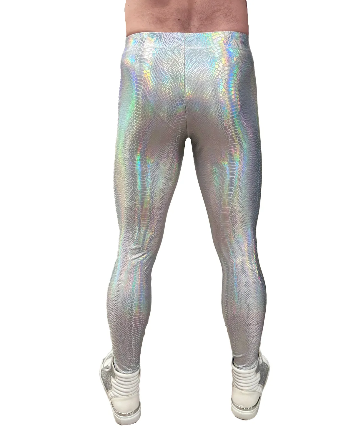 Snake White: Holographic Iridescent Pearl White Snake Skin Meggings - Men's Leggings & Rave Gear