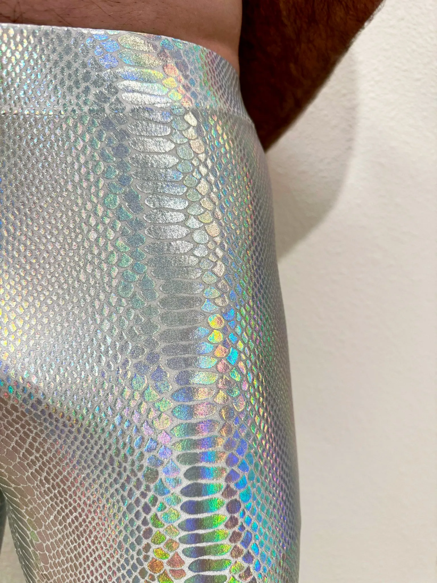 Snake White: Holographic Iridescent Pearl White Snake Skin Meggings - Men's Leggings & Rave Gear