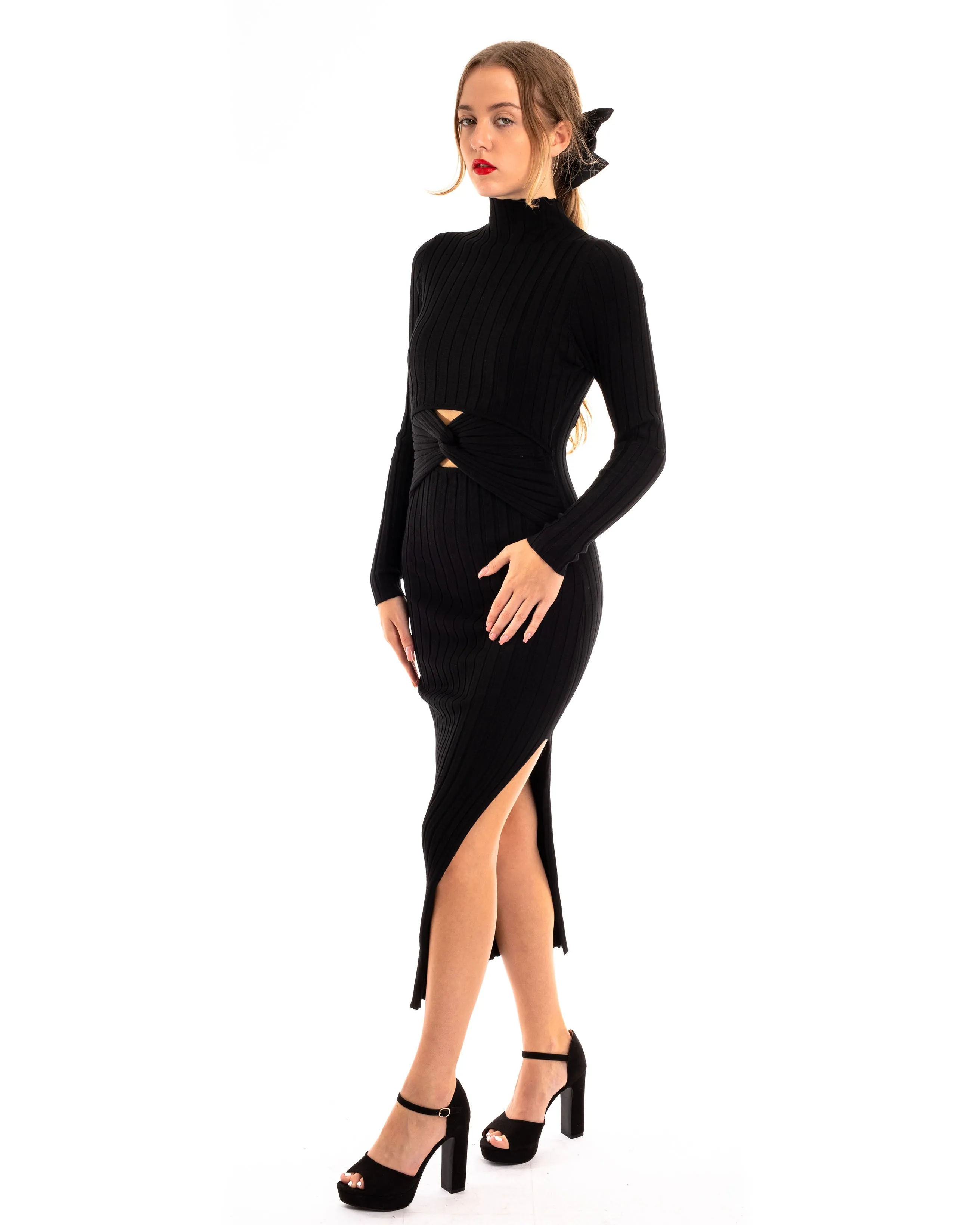 Soft Knitted Ribbed Midi Bodycon front OR back cut out design Dress In Black