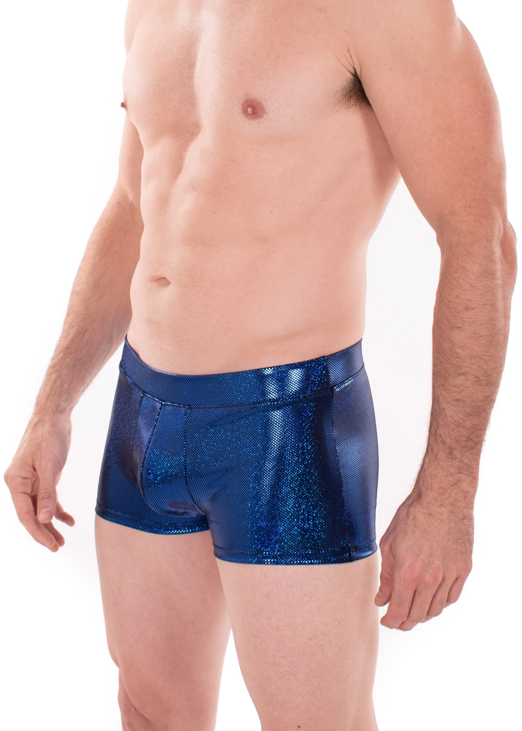 Sparkle BLUE Holographic Men's Brief Booty Shorts // Square Front Swim Trunks Festival Shorts