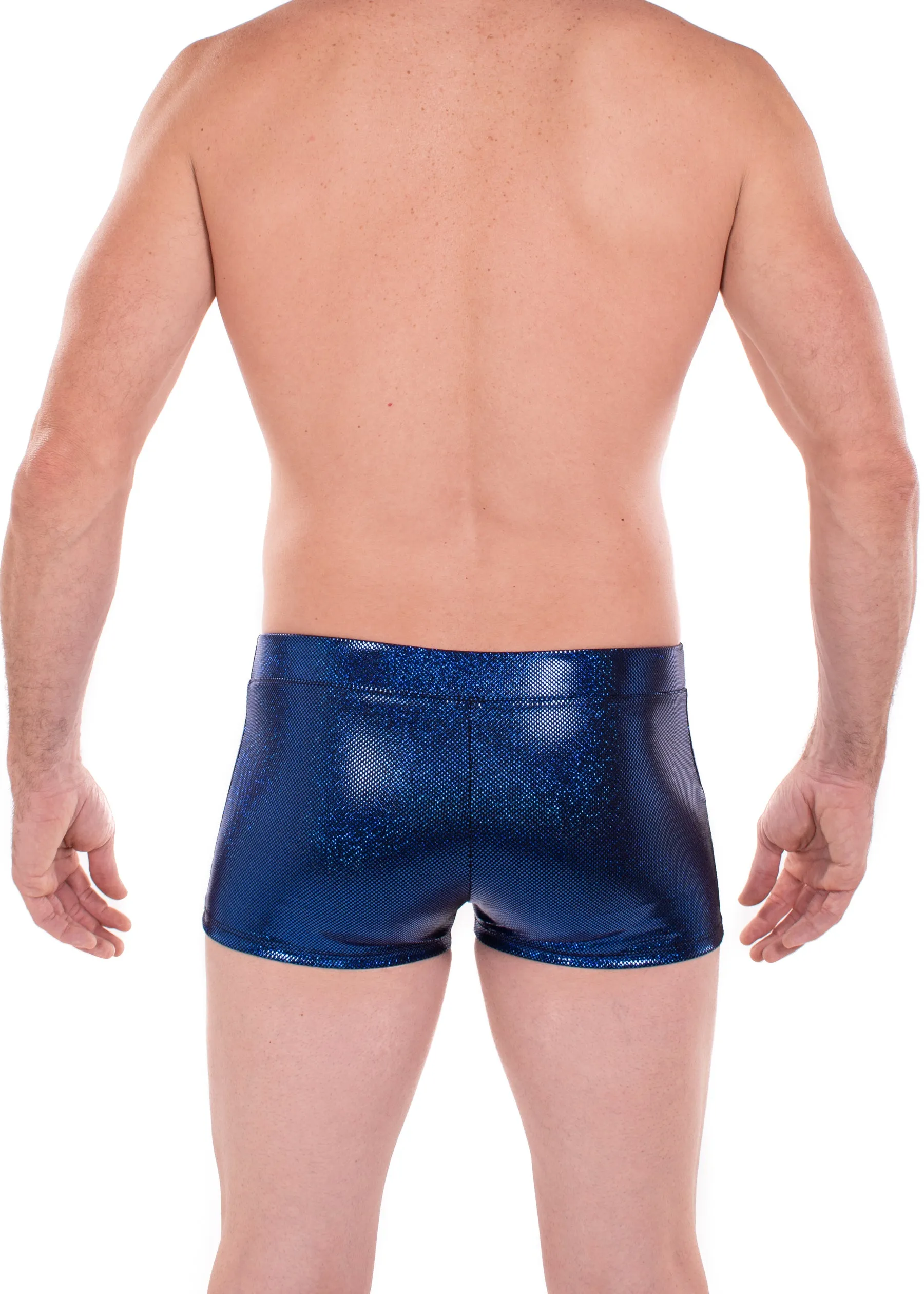 Sparkle BLUE Holographic Men's Brief Booty Shorts // Square Front Swim Trunks Festival Shorts