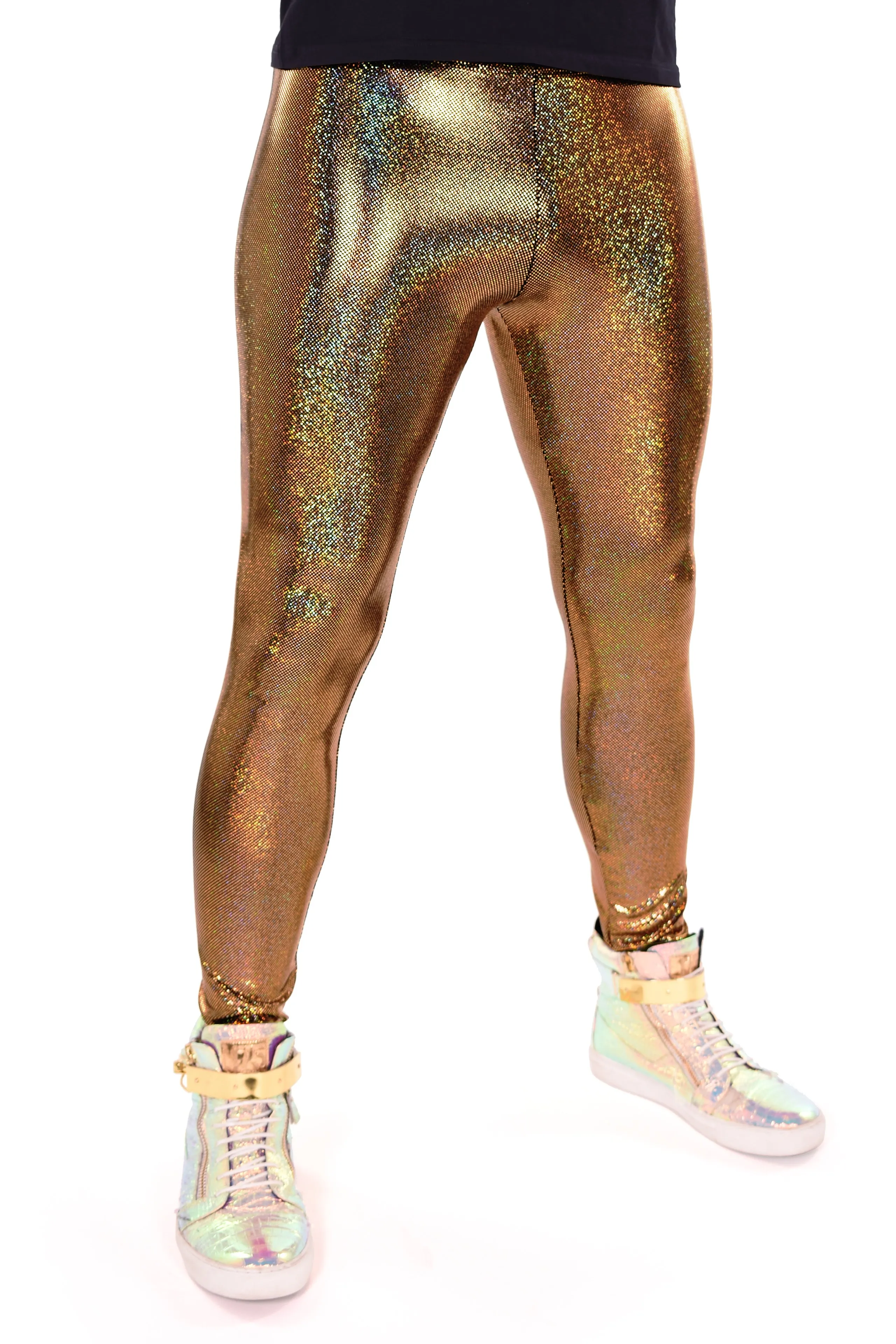 Sparkle Gold Holographic Meggings: Men's Disco Leggings - Festival Clothing For Men