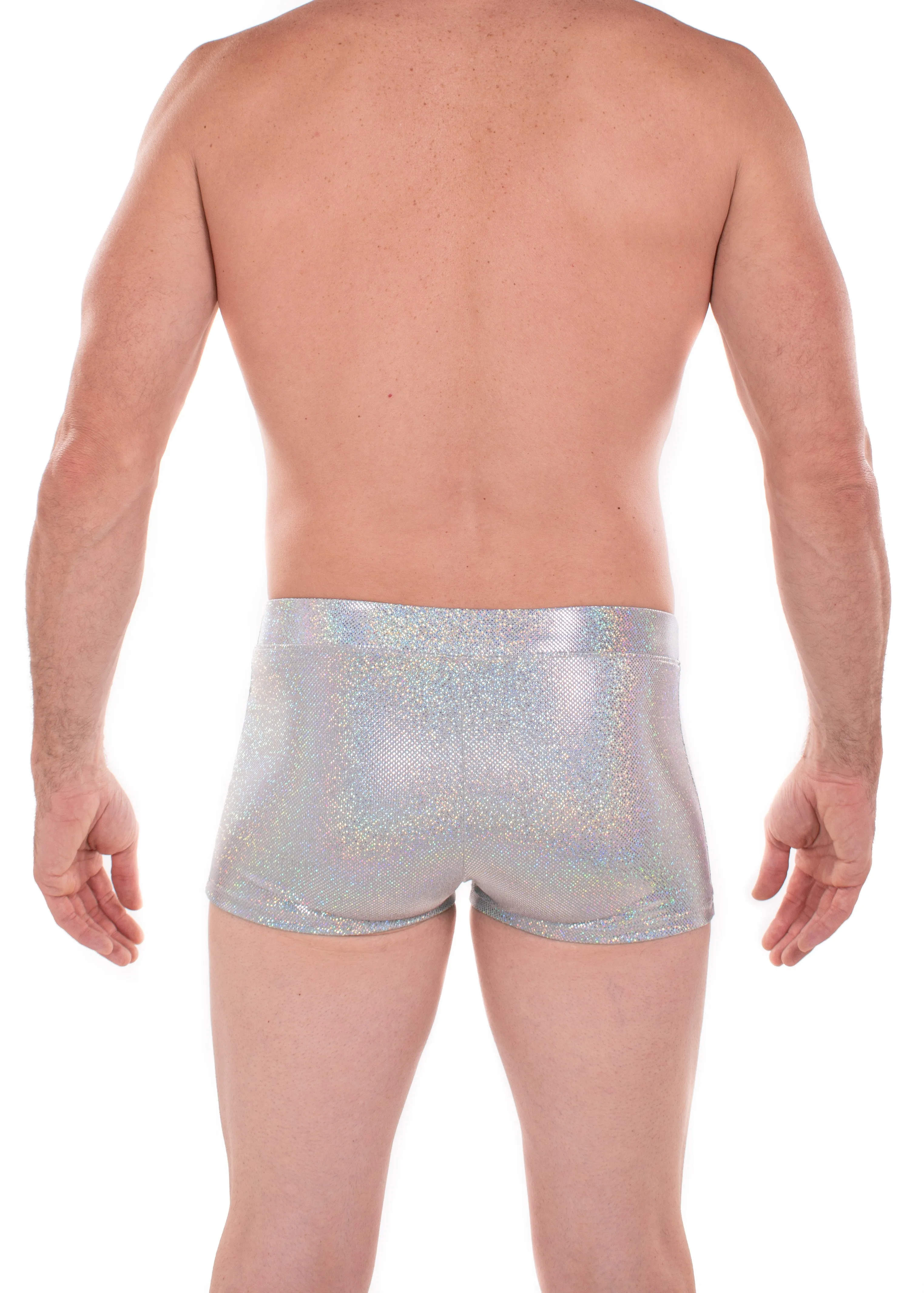 Sparkle GREY Holographic Men's Brief Booty Shorts // Square Front Swim Trunks Festival Shorts