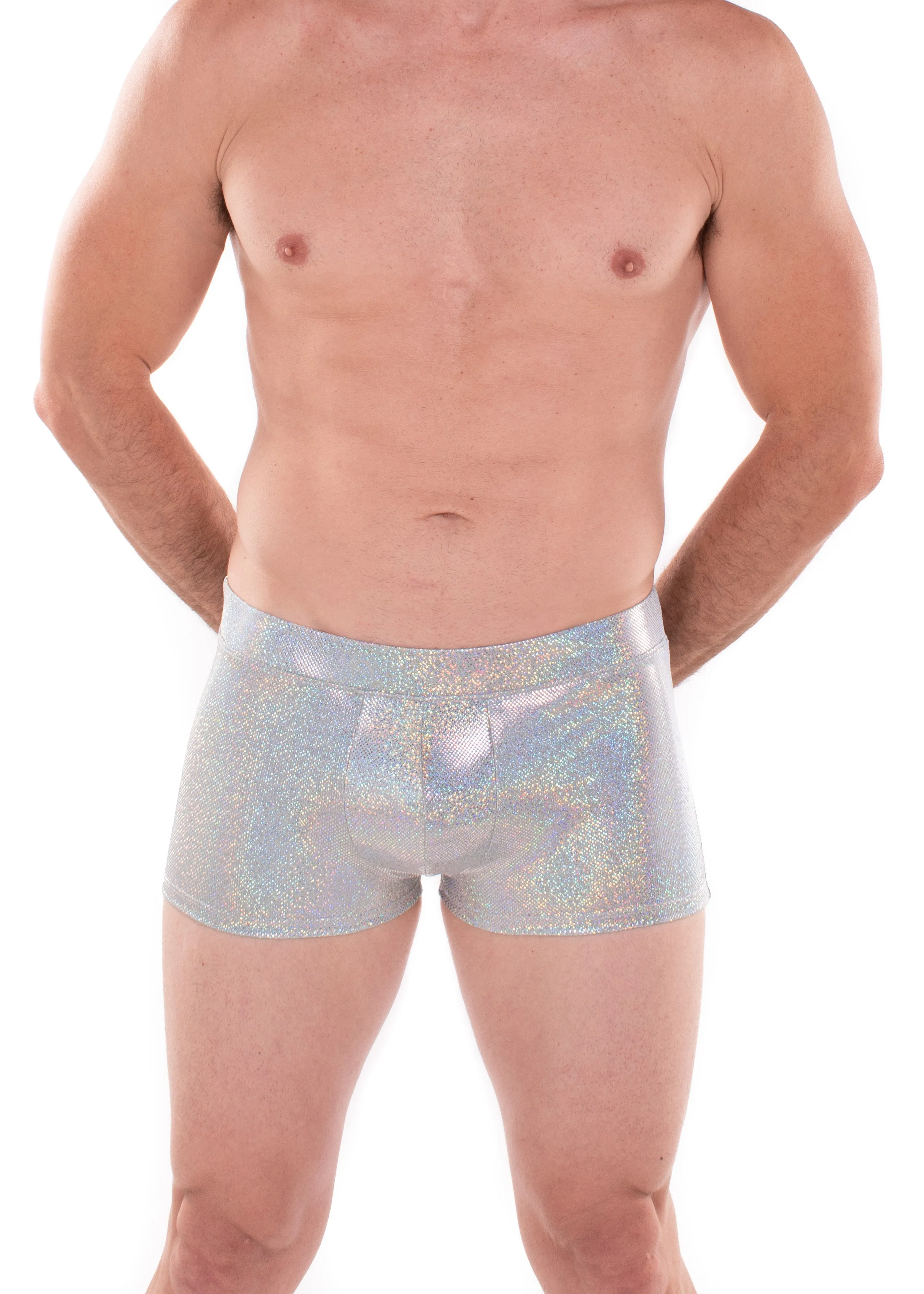 Sparkle GREY Holographic Men's Brief Booty Shorts // Square Front Swim Trunks Festival Shorts