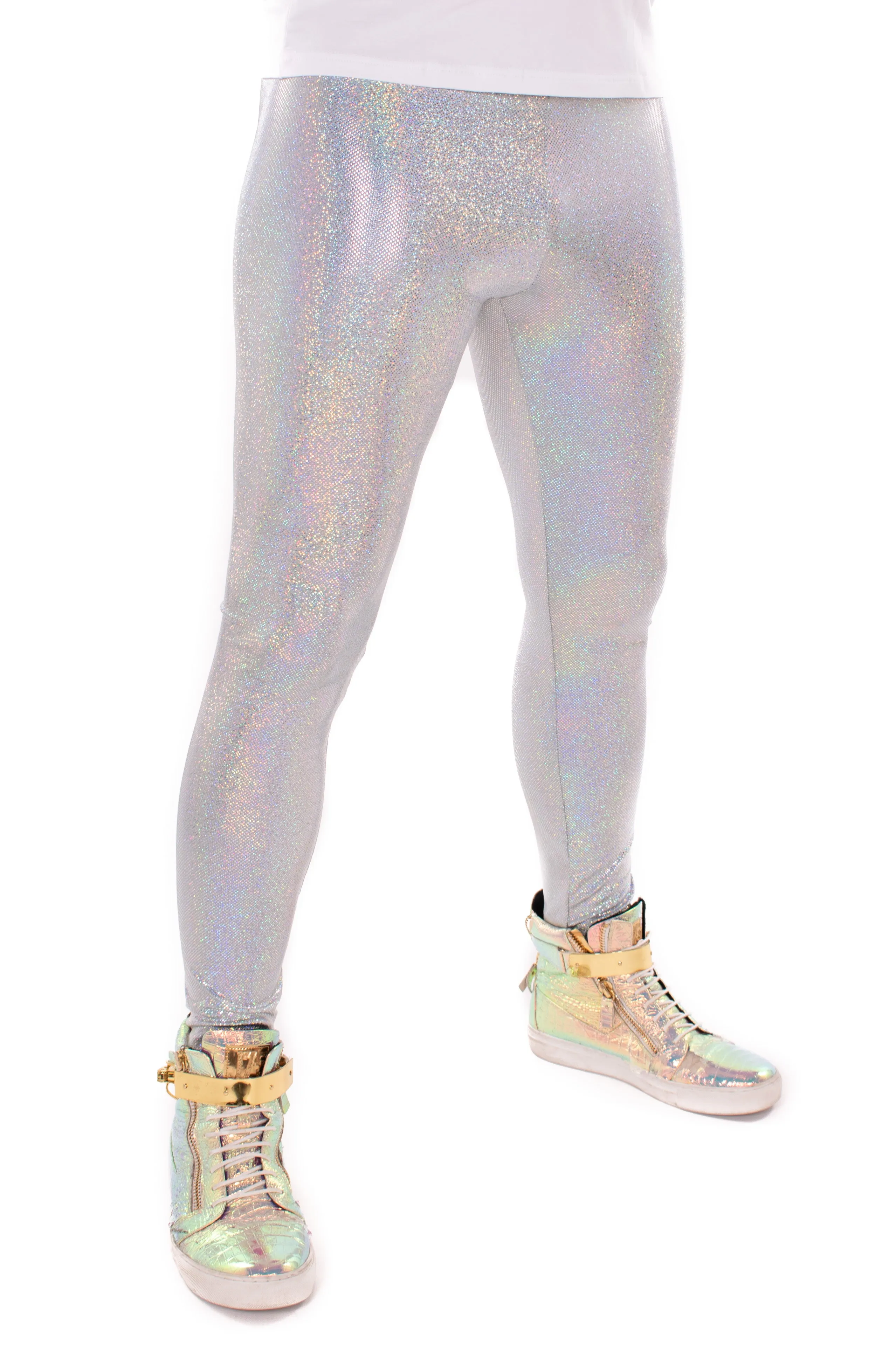 Sparkle Grey Silver Holographic Meggings: Men's Disco Leggings - Festival Clothing For Men