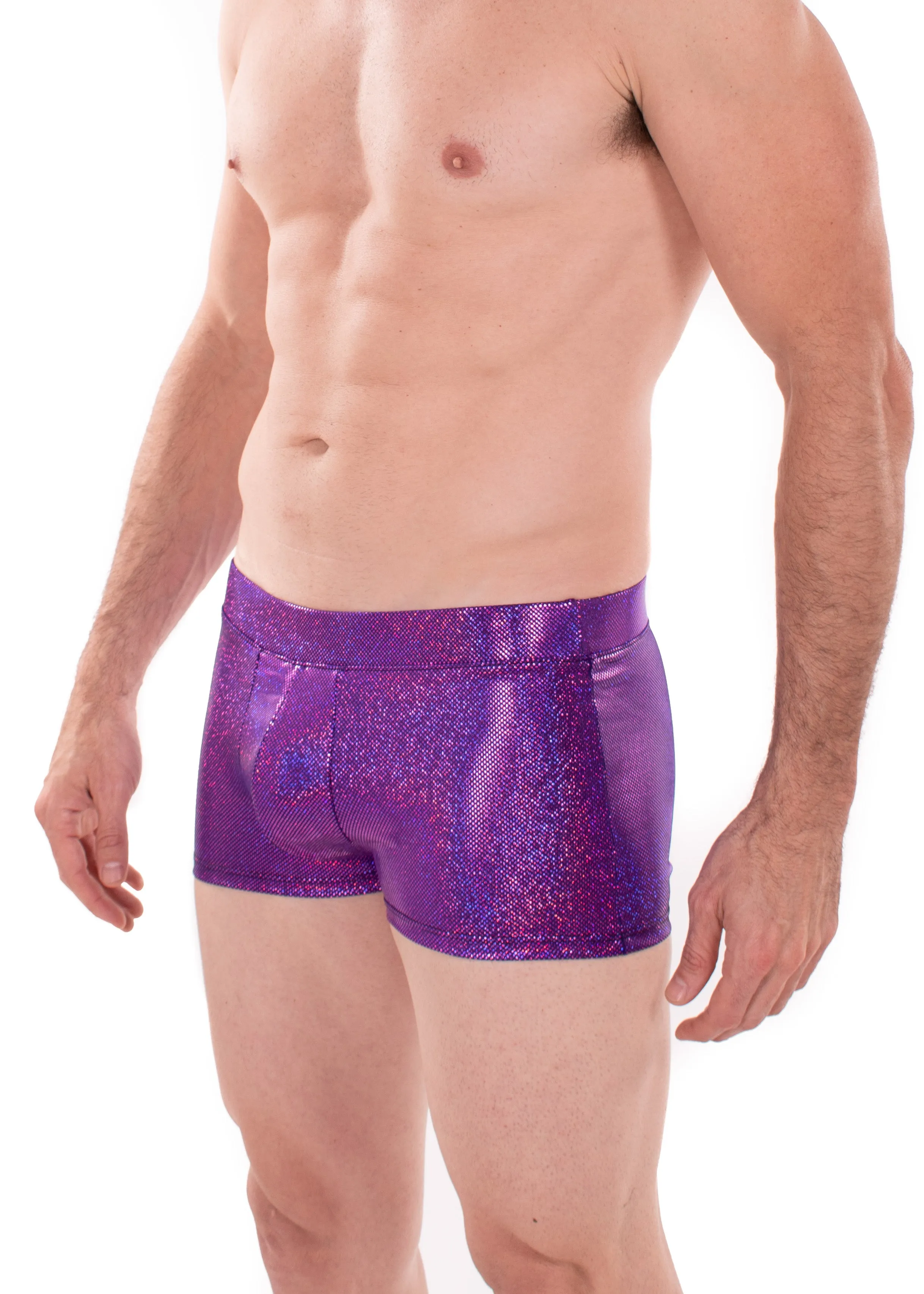 Sparkle PURPLE Holographic Men's Brief Booty Shorts // Square Front Swim Trunks Festival Shorts