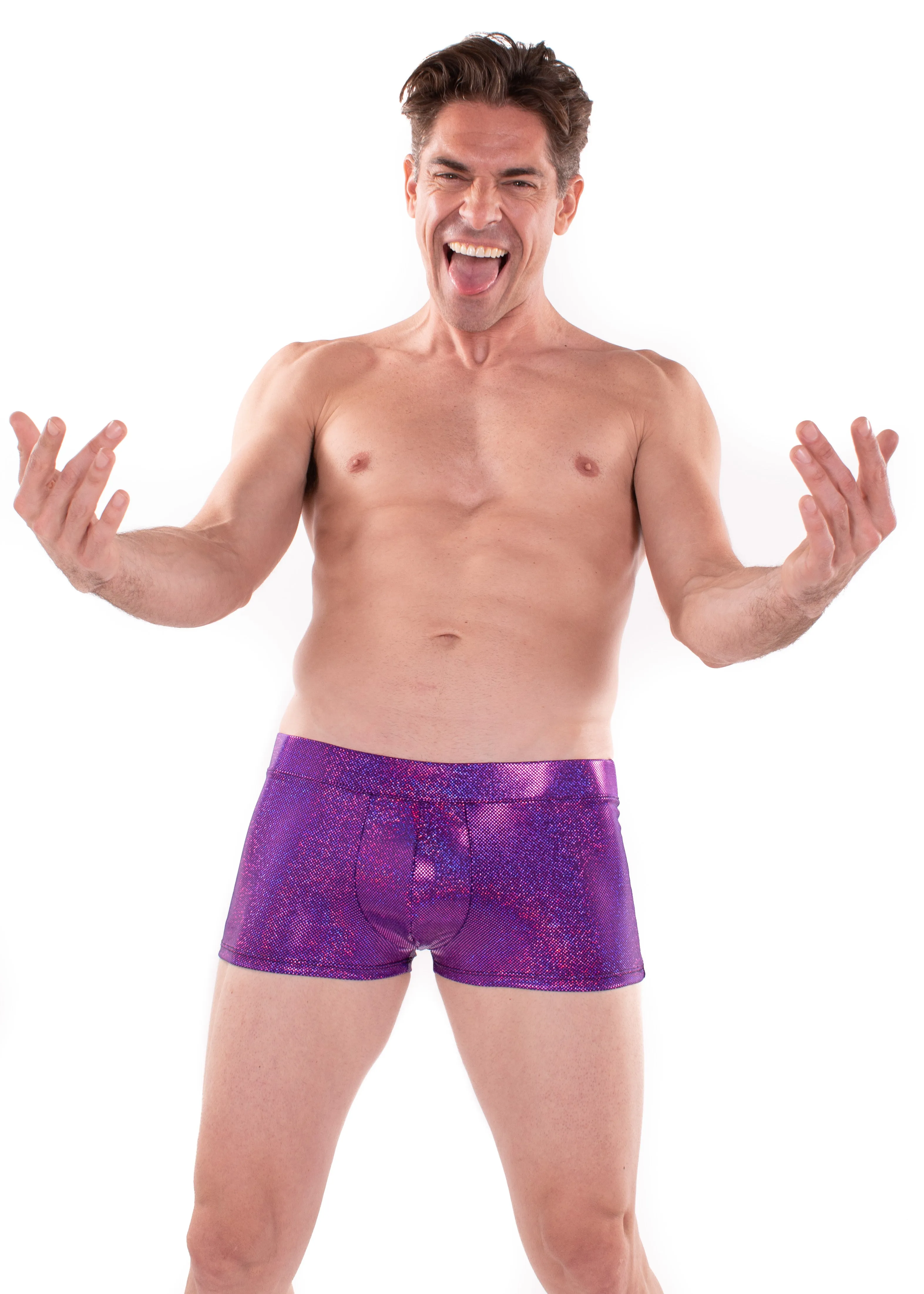 Sparkle PURPLE Holographic Men's Brief Booty Shorts // Square Front Swim Trunks Festival Shorts