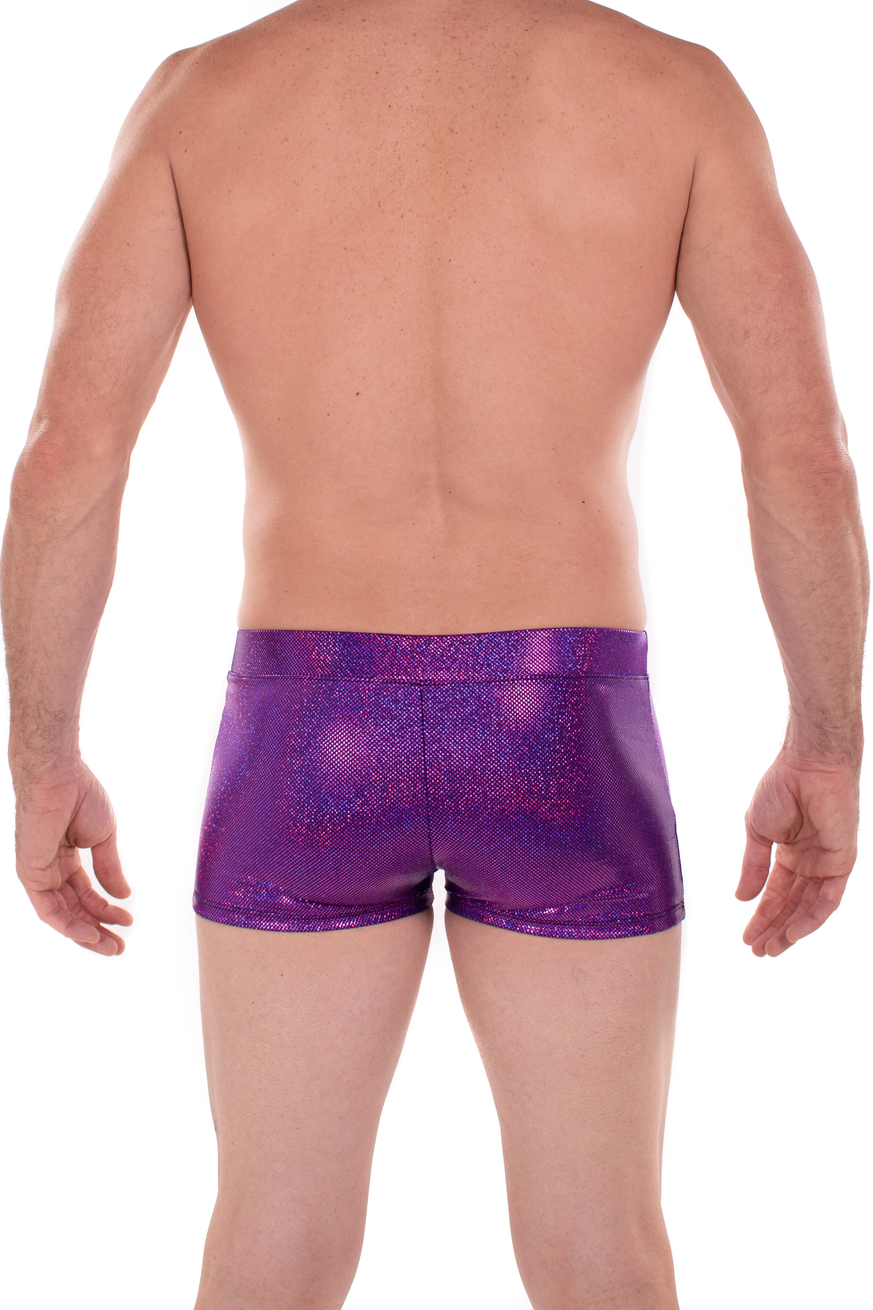 Sparkle PURPLE Holographic Men's Brief Booty Shorts // Square Front Swim Trunks Festival Shorts