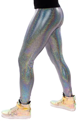 Sparkle Silver Holographic Meggings: Men's Disco Leggings - Festival Clothing For Men