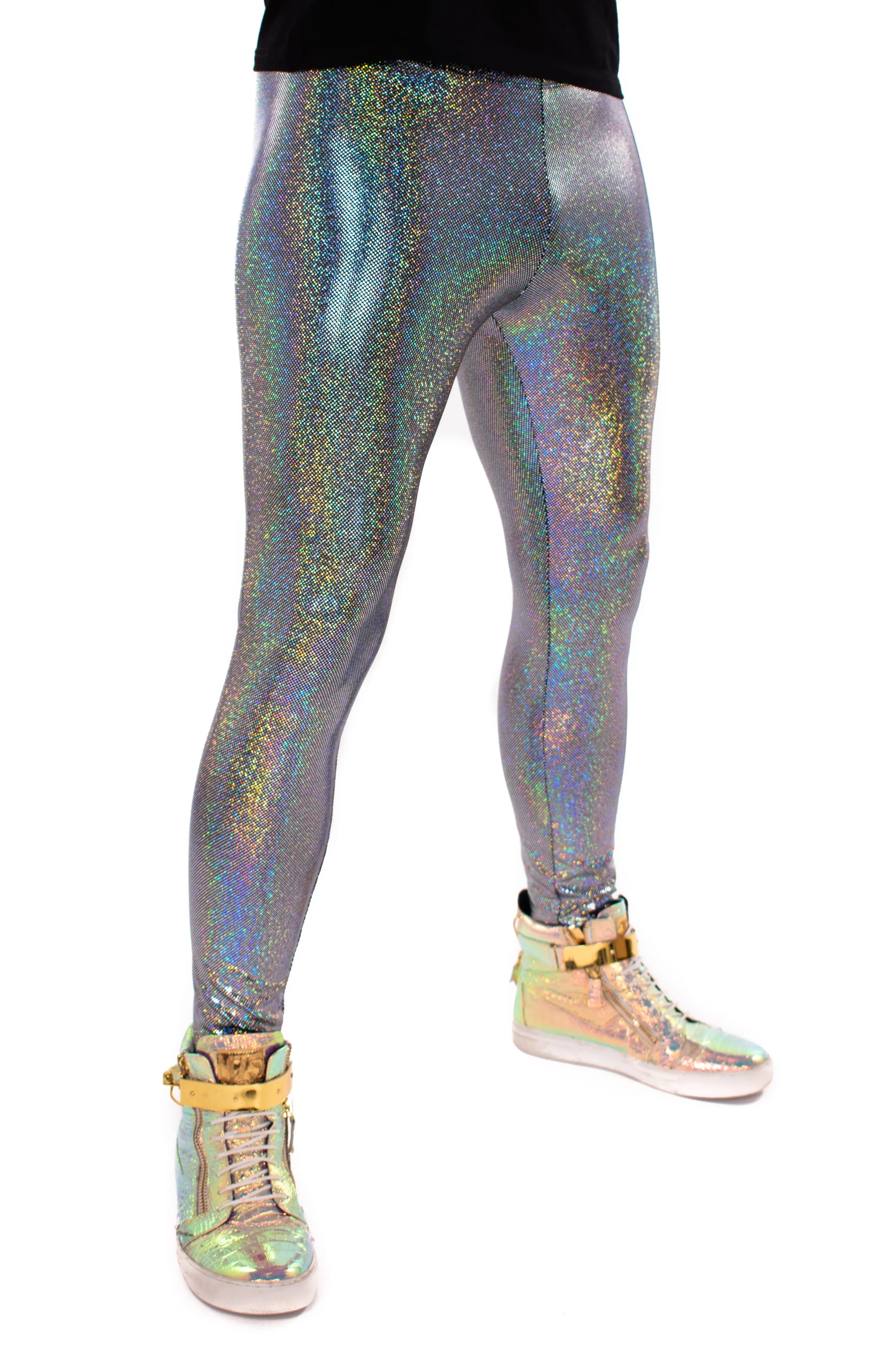 Sparkle Silver Holographic Meggings: Men's Disco Leggings - Festival Clothing For Men