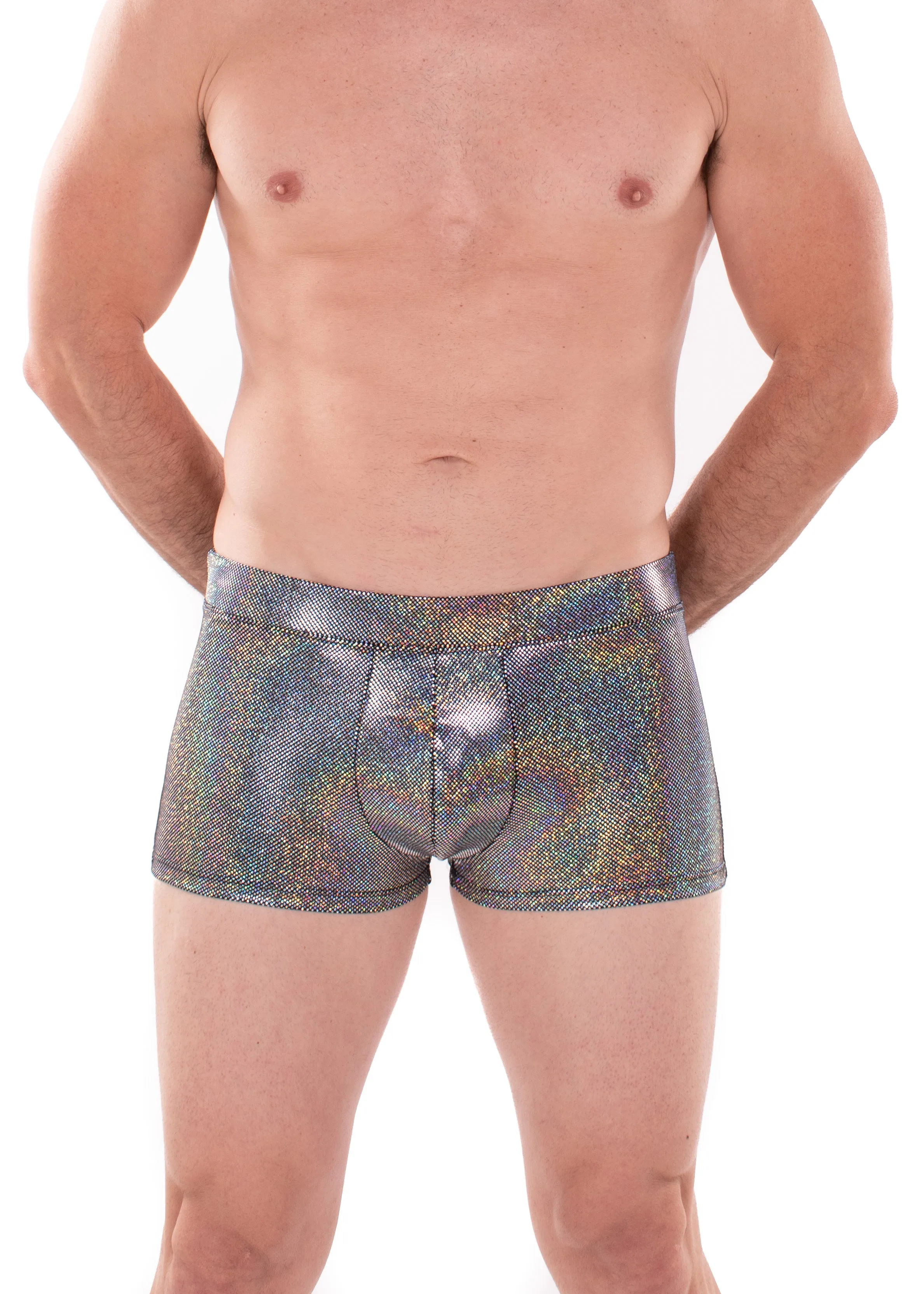 Sparkle SILVER Holographic Men's Brief Booty Shorts // Square Front Swim Trunks Festival Shorts