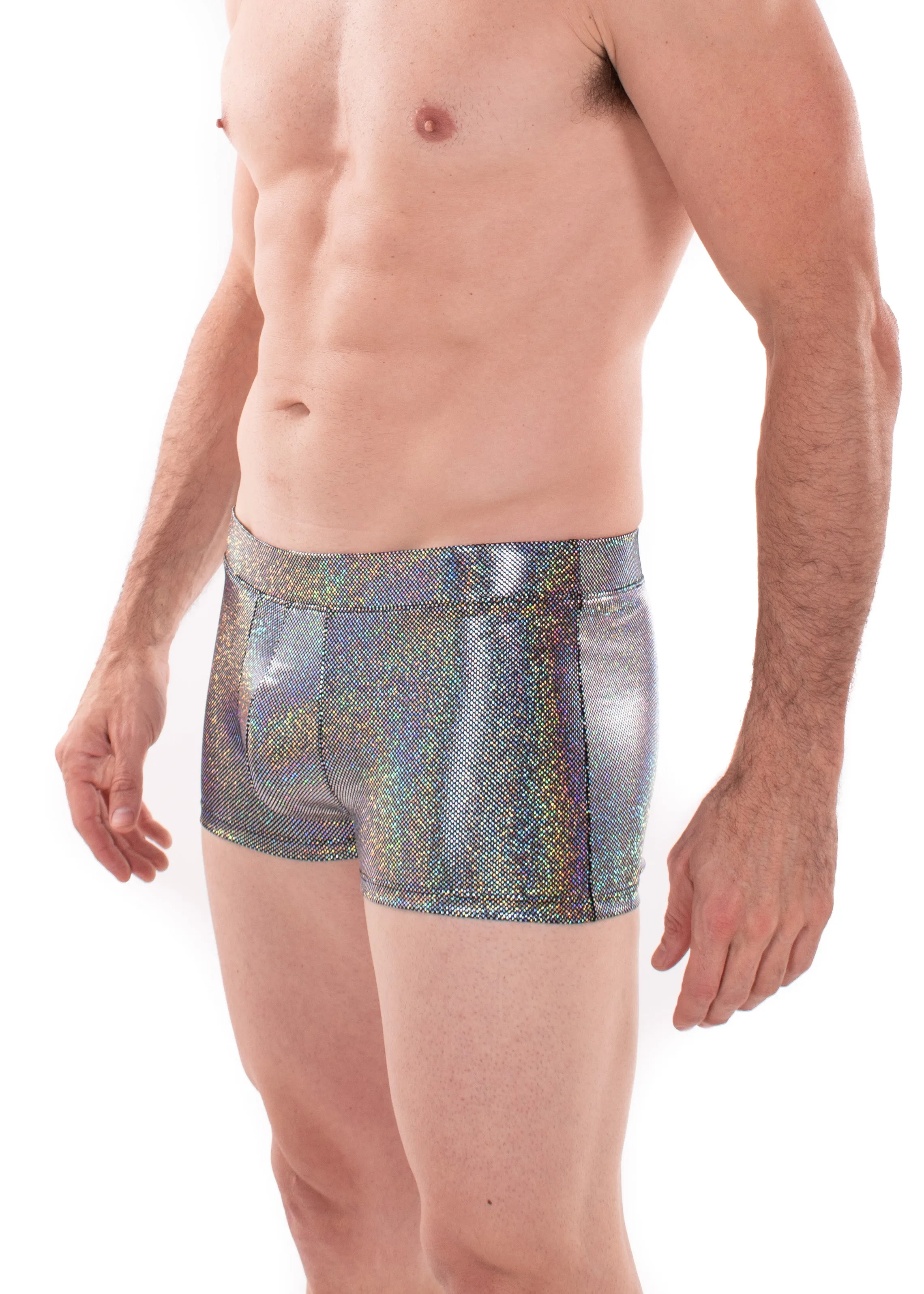 Sparkle SILVER Holographic Men's Brief Booty Shorts // Square Front Swim Trunks Festival Shorts