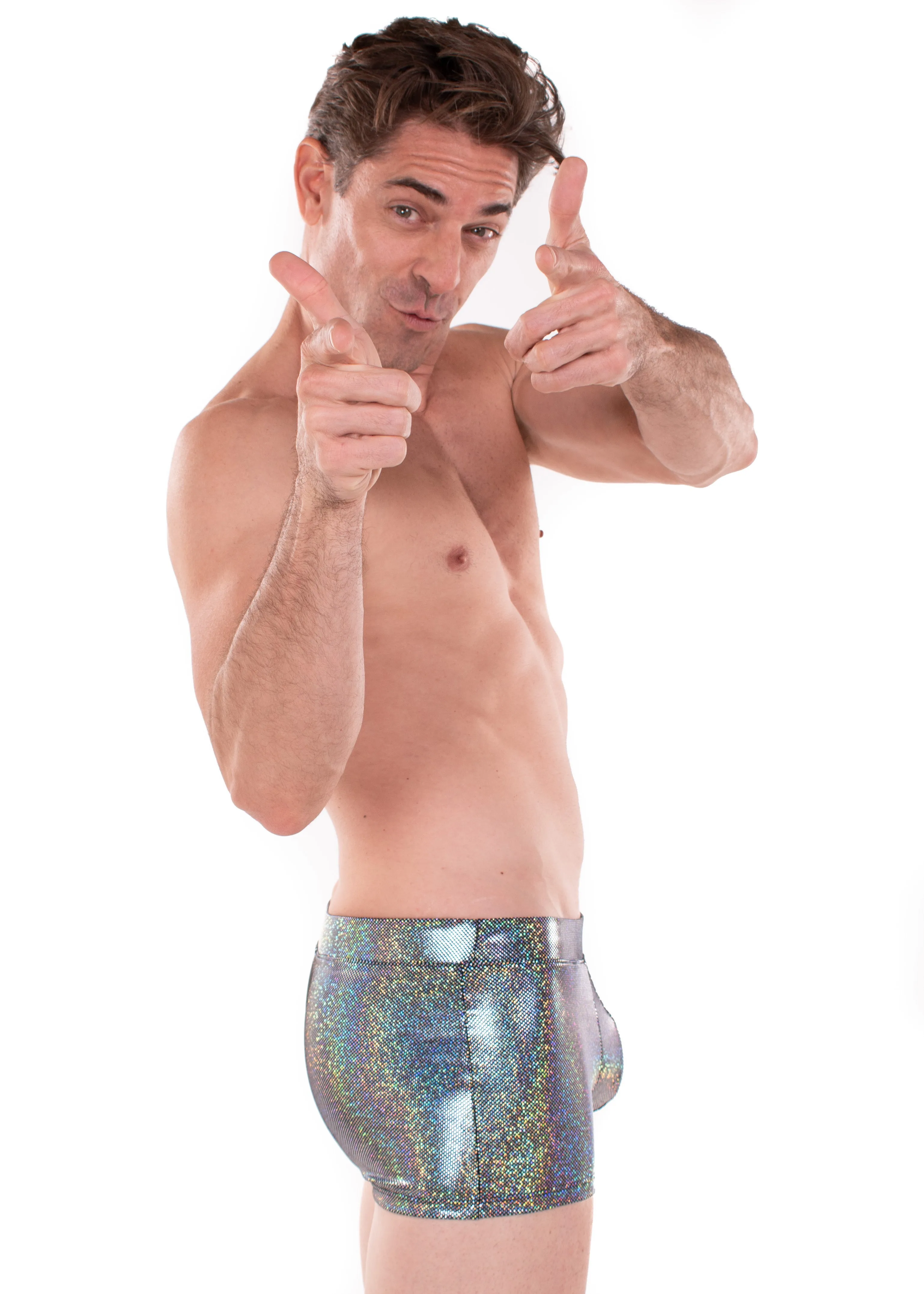 Sparkle SILVER Holographic Men's Brief Booty Shorts // Square Front Swim Trunks Festival Shorts