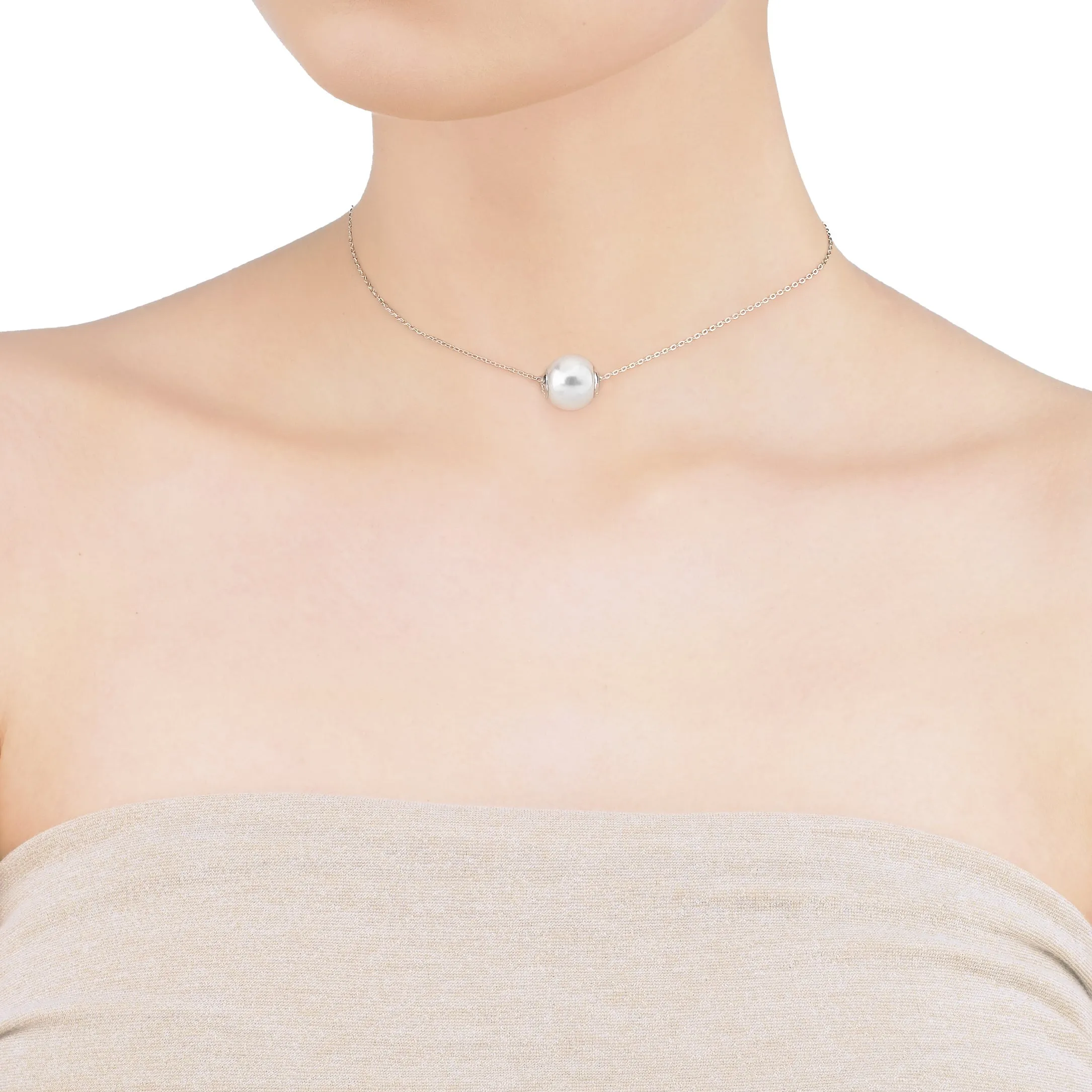 Sterling Silver Rhodium Plated Choker Necklace for Women with Organic Pearl, 12mm Round White Pearl, 12.9/16.9" Length, Nuada Collection