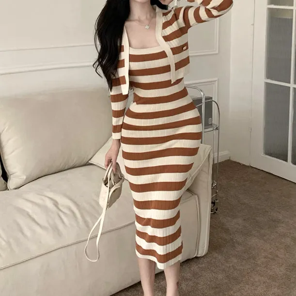 Striped Waist Long Cami Dress Knitted Cardigan Set