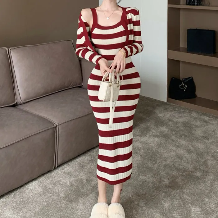 Striped Waist Long Cami Dress Knitted Cardigan Set