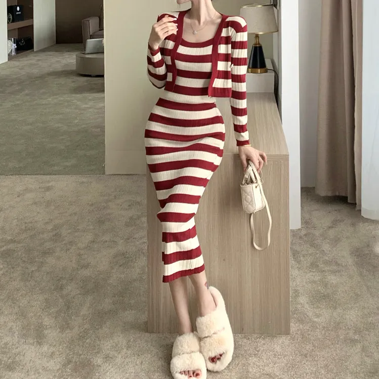 Striped Waist Long Cami Dress Knitted Cardigan Set