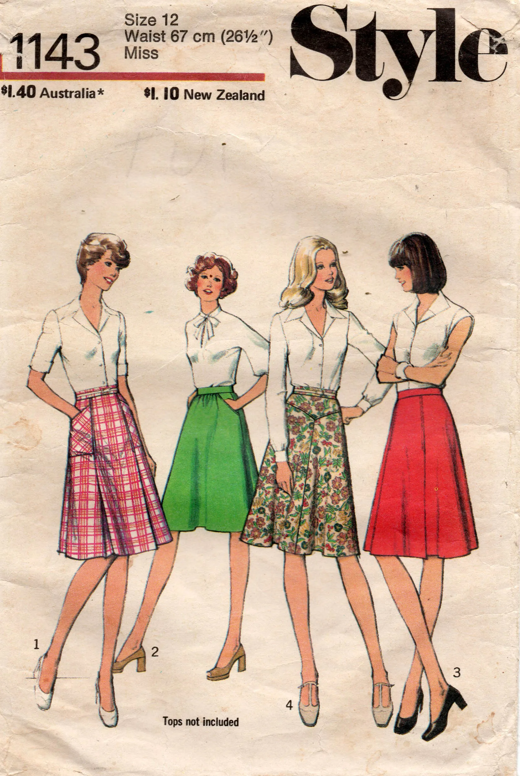 Style 1143 Womens Flared Skirts in 4 Styles 1970s Vintage Sewing Pattern Size 12 Waist 26.5 inches