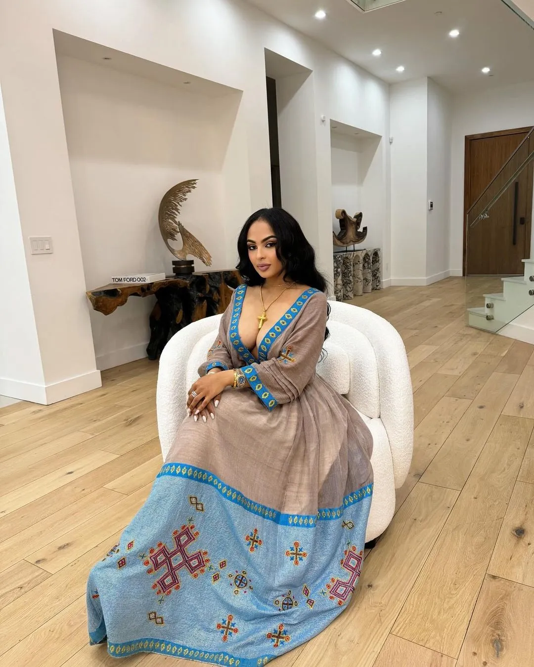 Stylish Modern Ethiopian Dress with Blue Wide Tilet Design Ethiopian Traditional Dress