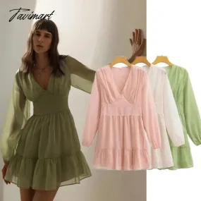 Tavimart Elegant Party Mini Dress Women French Style Retro V-neck Collect Waist Solid Fashion Chiffon Dress