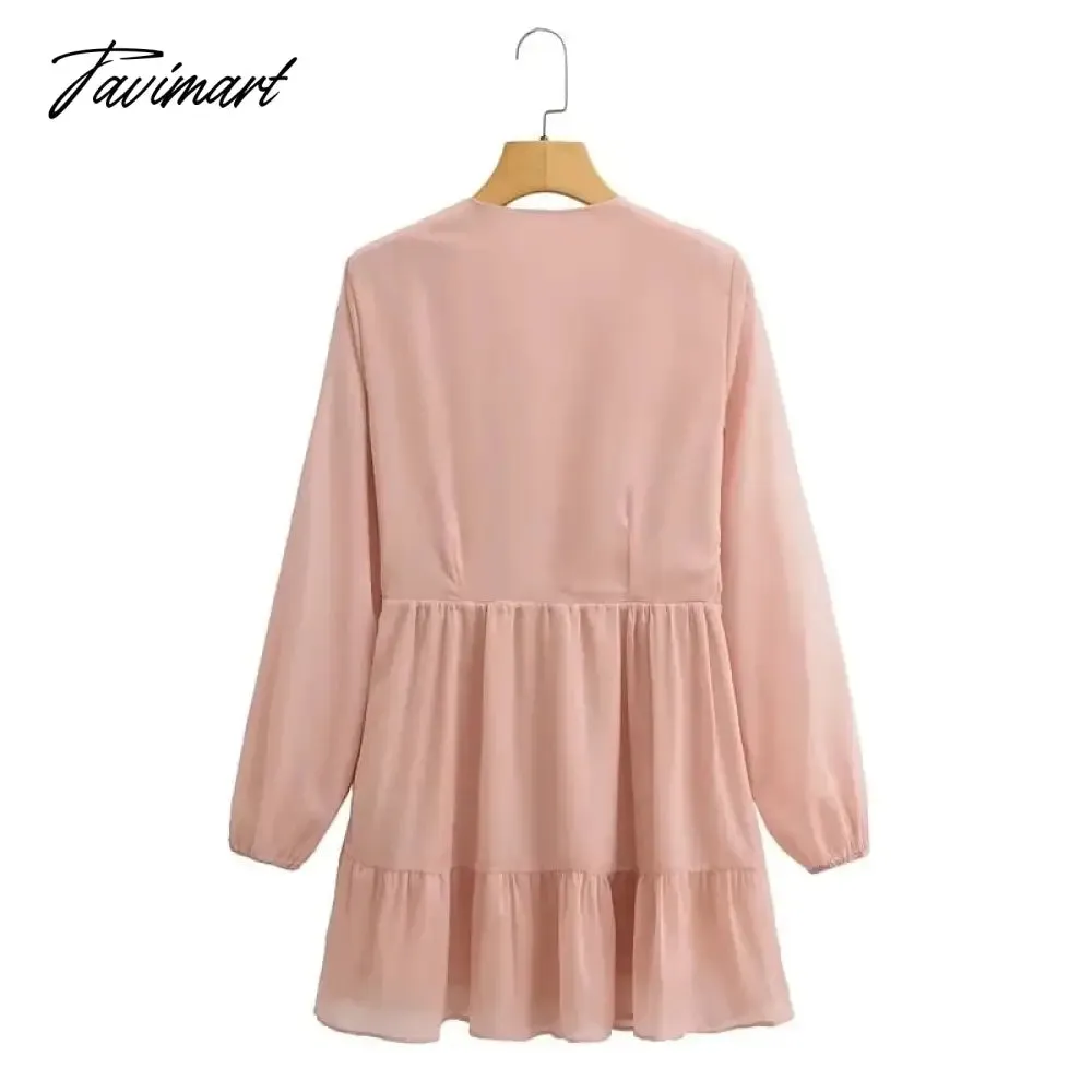 Tavimart Elegant Party Mini Dress Women French Style Retro V-neck Collect Waist Solid Fashion Chiffon Dress