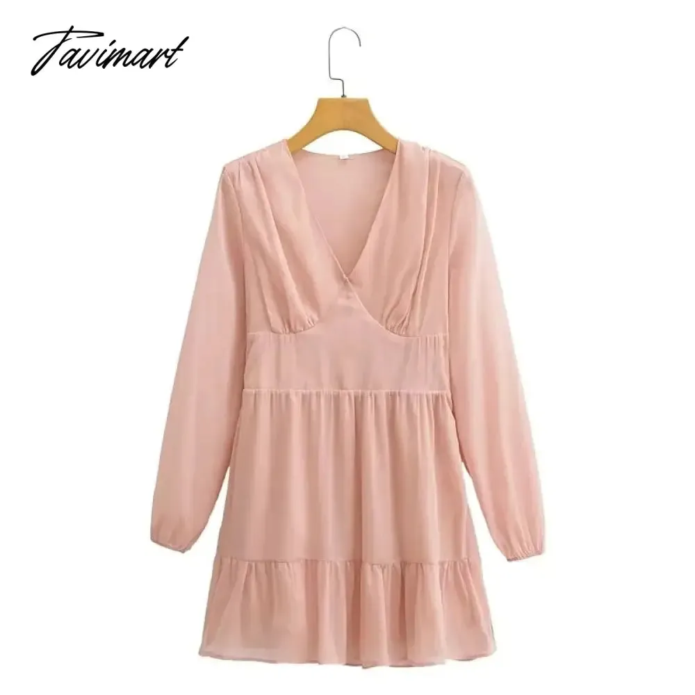 Tavimart Elegant Party Mini Dress Women French Style Retro V-neck Collect Waist Solid Fashion Chiffon Dress