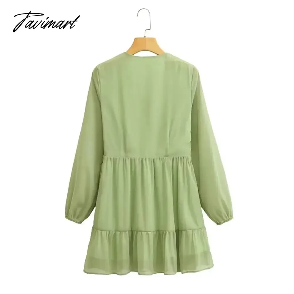 Tavimart Elegant Party Mini Dress Women French Style Retro V-neck Collect Waist Solid Fashion Chiffon Dress