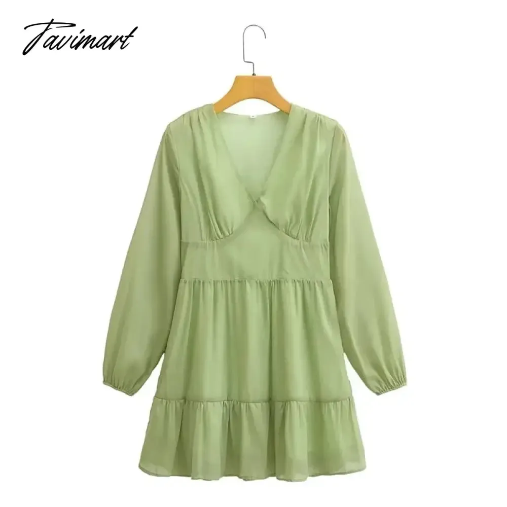 Tavimart Elegant Party Mini Dress Women French Style Retro V-neck Collect Waist Solid Fashion Chiffon Dress