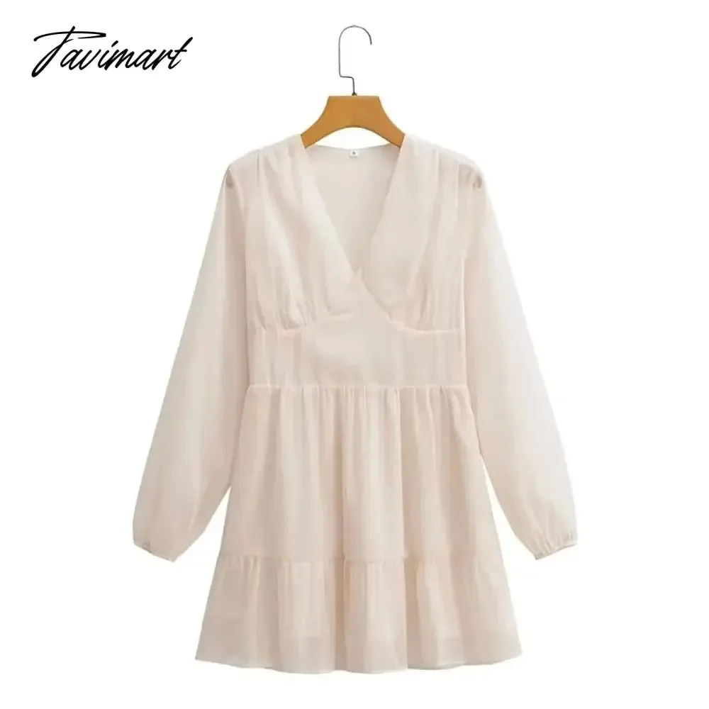 Tavimart Elegant Party Mini Dress Women French Style Retro V-neck Collect Waist Solid Fashion Chiffon Dress