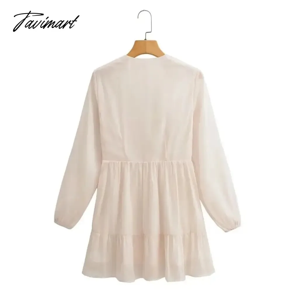 Tavimart Elegant Party Mini Dress Women French Style Retro V-neck Collect Waist Solid Fashion Chiffon Dress