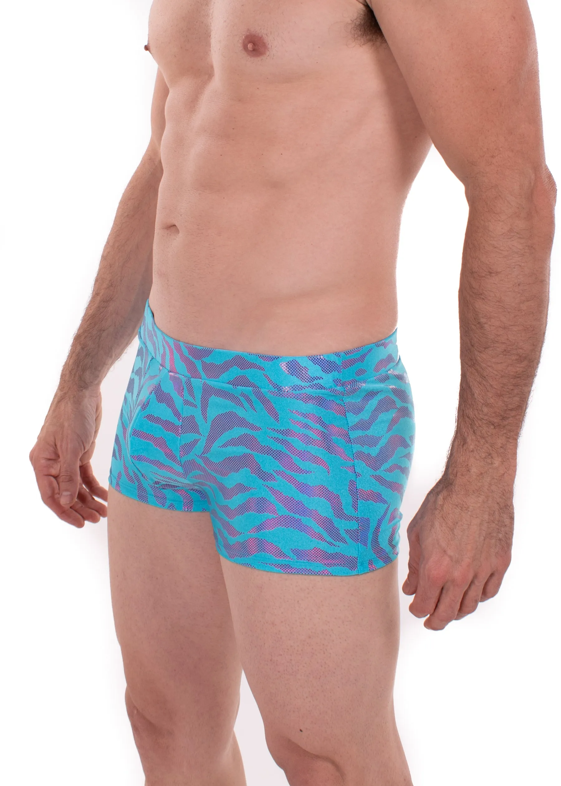 Tiger Neon Blue: Animal Print Brief Booty Shorts // Square Front Swim Trunks Festival Shorts