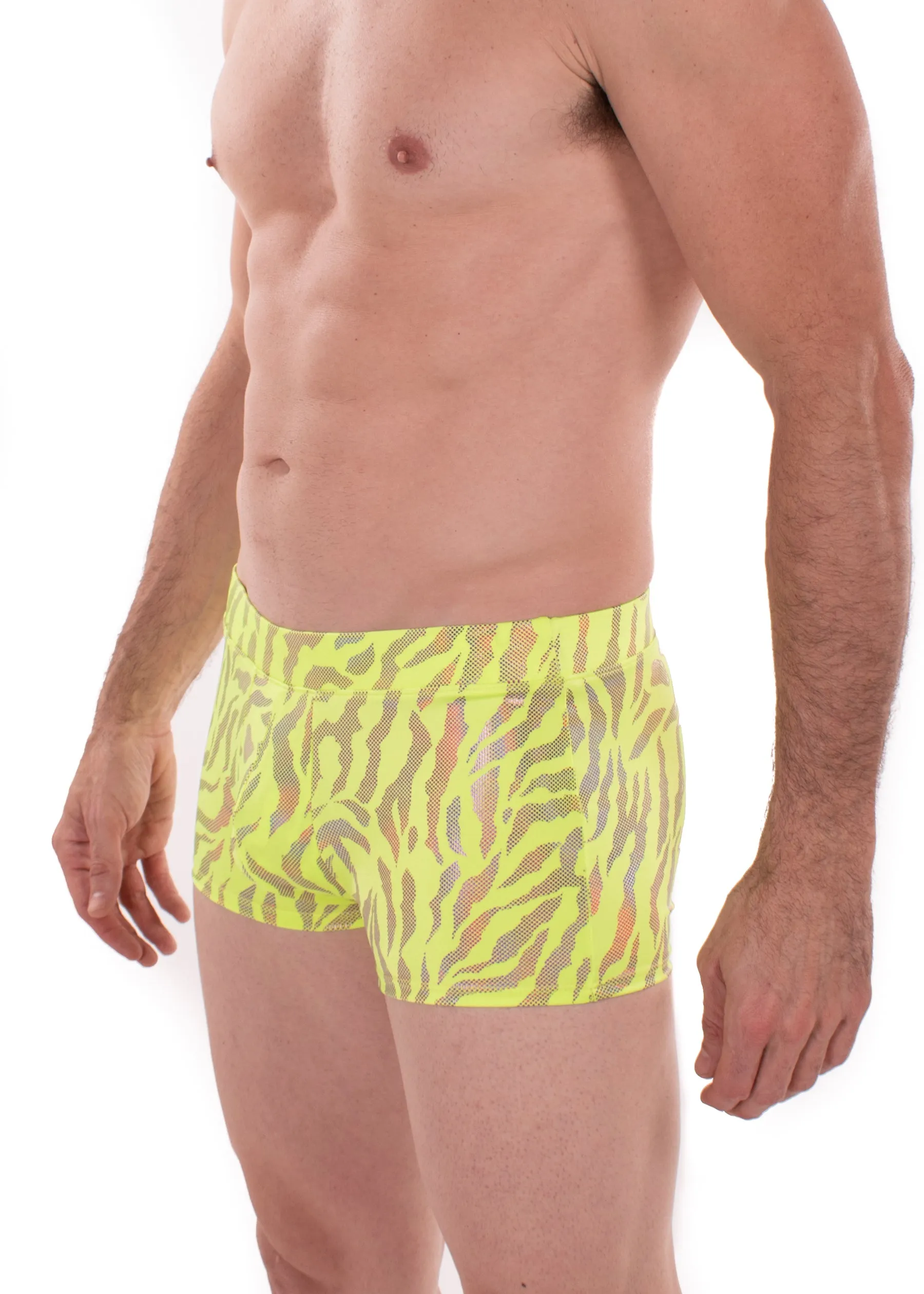 Tiger Neon Green: Animal Print Brief Booty Shorts // Square Front Swim Trunks Festival Shorts