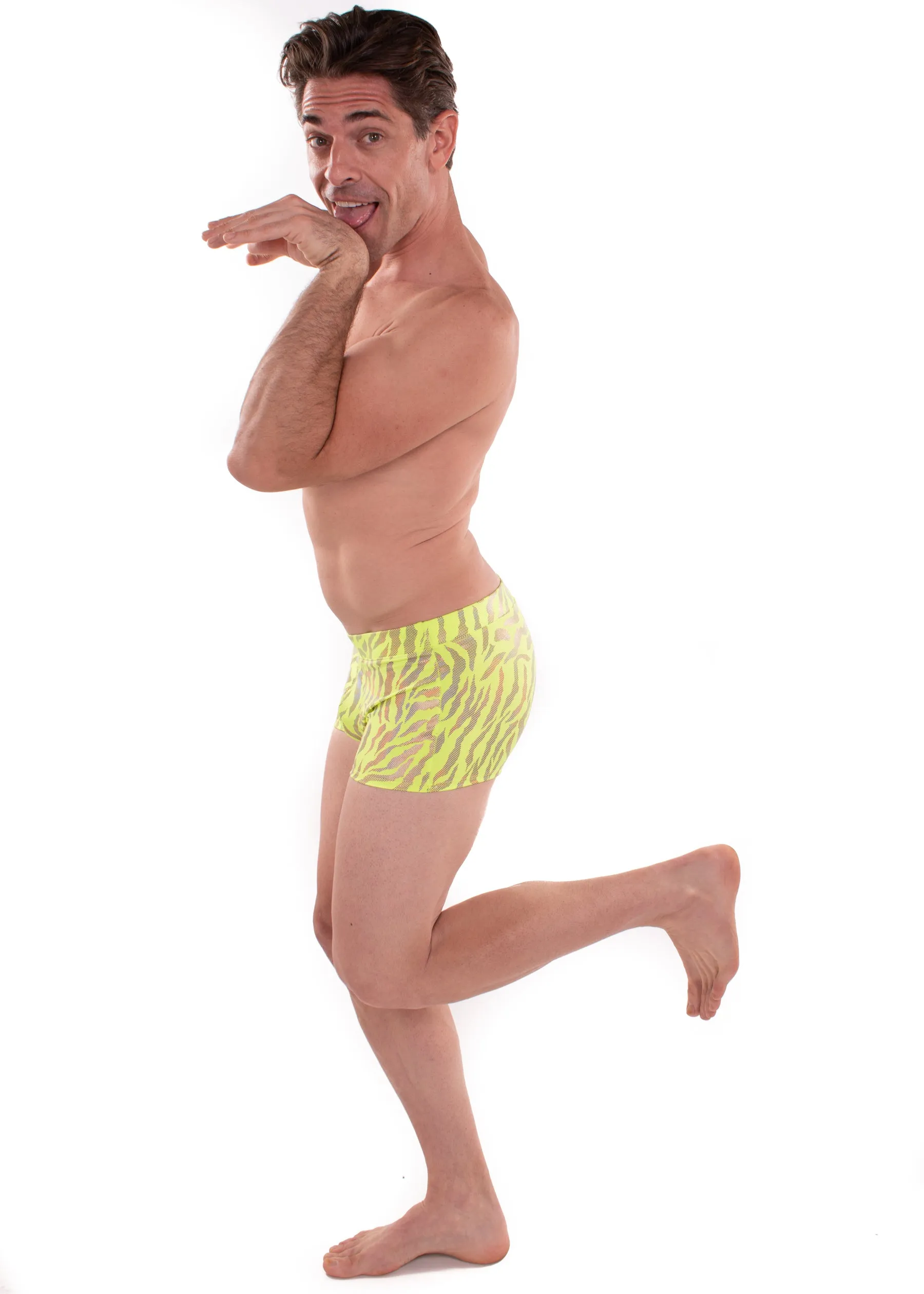 Tiger Neon Green: Animal Print Brief Booty Shorts // Square Front Swim Trunks Festival Shorts